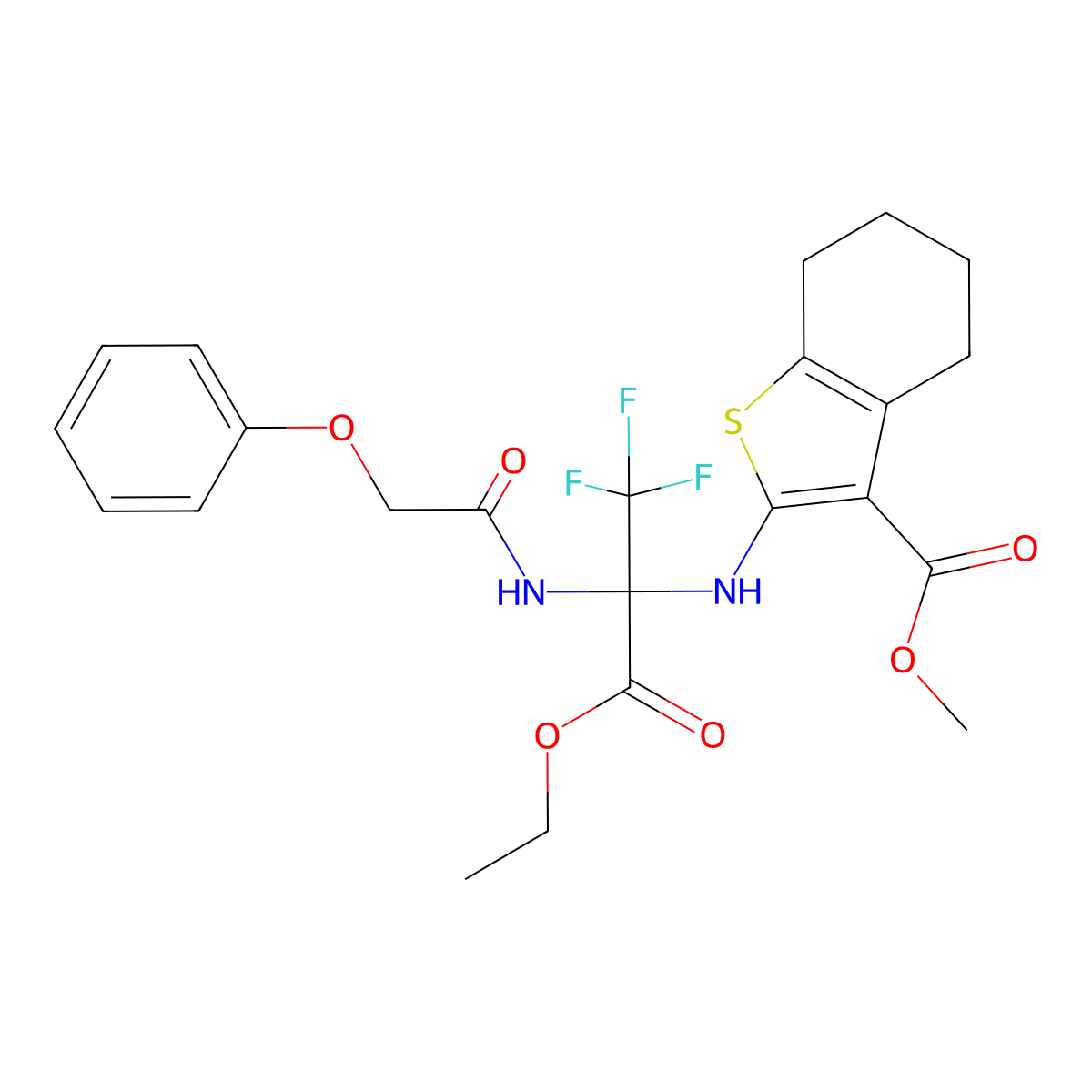 Methyl 2-({1-(ethoxycarbonyl)-2,2,2-trifluoro-1-[(phenoxyacetyl)amino]ethyl}amino)-4,5,6,7-tetrahydro-1-benzothiophene-3-carboxylate molecular structure, CAS 298683-49-5