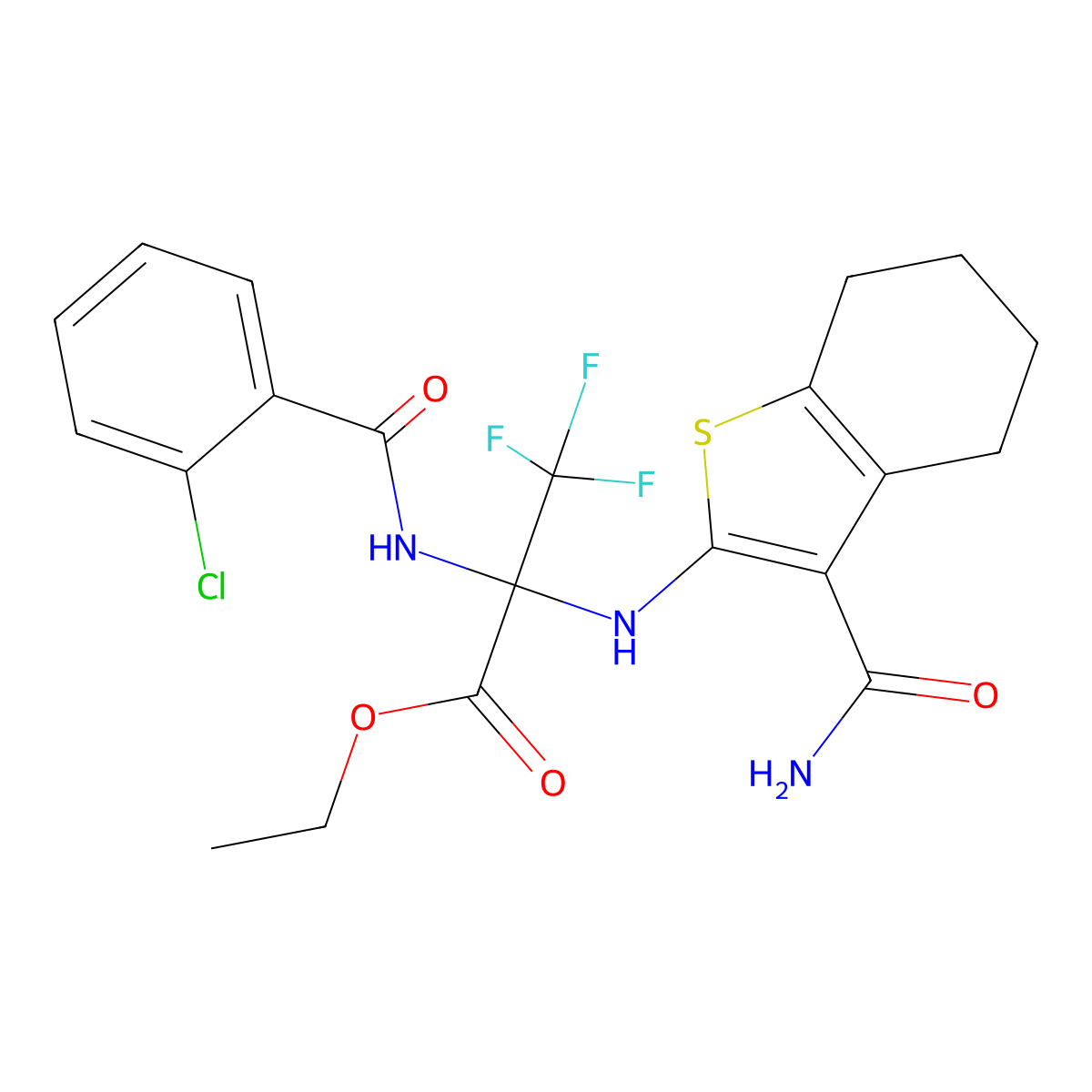 Ethyl 2-[(3-carbamoyl-4,5,6,7-tetrahydro-1-benzothiophen-2-yl)amino]-2-[(2-chlorobenzoyl)amino]-3,3,3-trifluoropropanoate molecular structure, CAS 298683-75-7