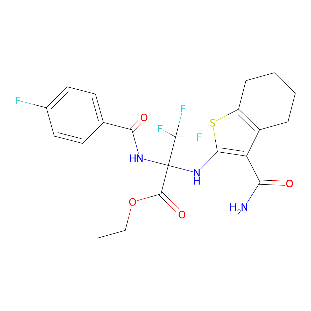 Ethyl 2-[(3-carbamoyl-4,5,6,7-tetrahydro-1-benzothiophen-2-yl)amino]-3,3,3-trifluoro-2-[(4-fluorobenzoyl)amino]propanoate molecular structure, CAS 298683-76-8