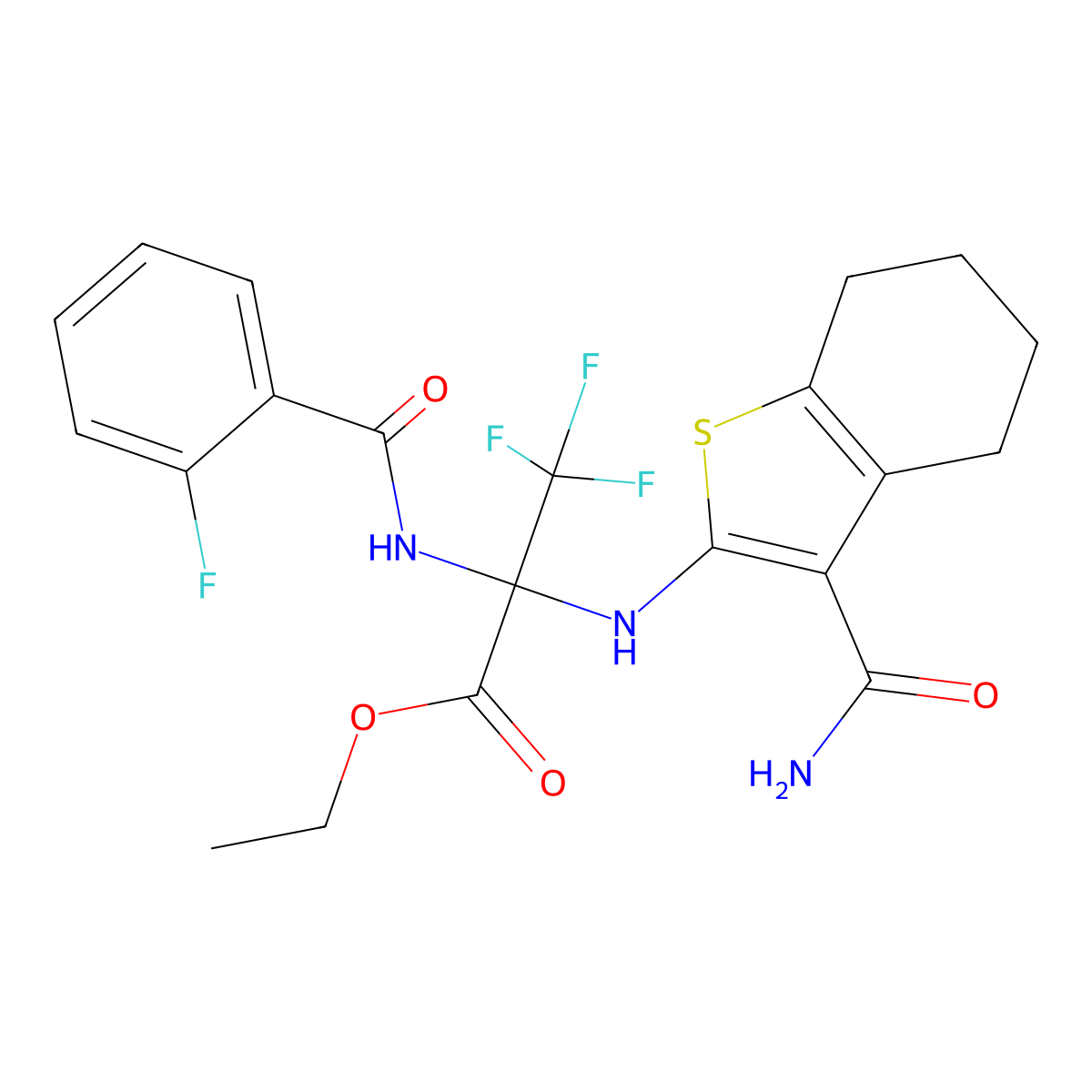 Ethyl 2-[(3-carbamoyl-4,5,6,7-tetrahydro-1-benzothiophen-2-yl)amino]-3,3,3-trifluoro-2-[(2-fluorobenzoyl)amino]propanoate molecular structure, CAS 298683-77-9