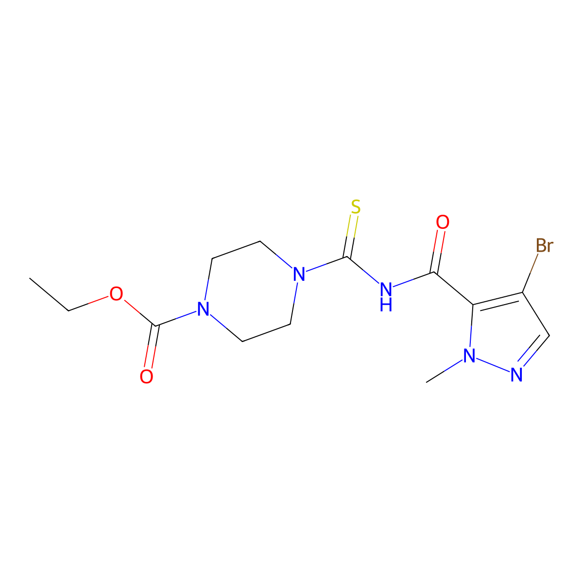 Ethyl 4-[(4-bromo-2-methylpyrazole-3-carbonyl)carbamothioyl]piperazine-1-carboxylate molecular structure, CAS 298684-20-5