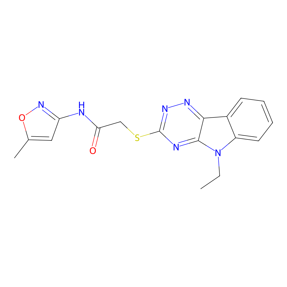 2-[(5-ethyl-[1,2,4]triazino[5,6-b]indol-3-yl)sulfanyl]-N-(5-methyl-1,2-oxazol-3-yl)acetamide molecular structure, CAS 298685-03-7