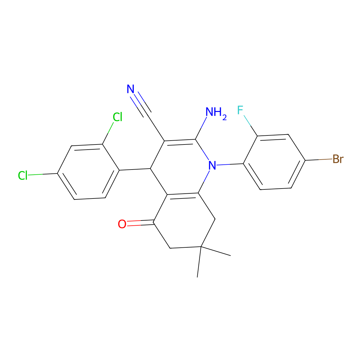 2-Amino-1-(4-bromo-2-fluorophenyl)-4-(2,4-dichlorophenyl)-7,7-dimethyl-5-oxo-1,4,5,6,7,8-hexahydro-3-quinolinecarbonitrile molecular structure, CAS 298685-35-5