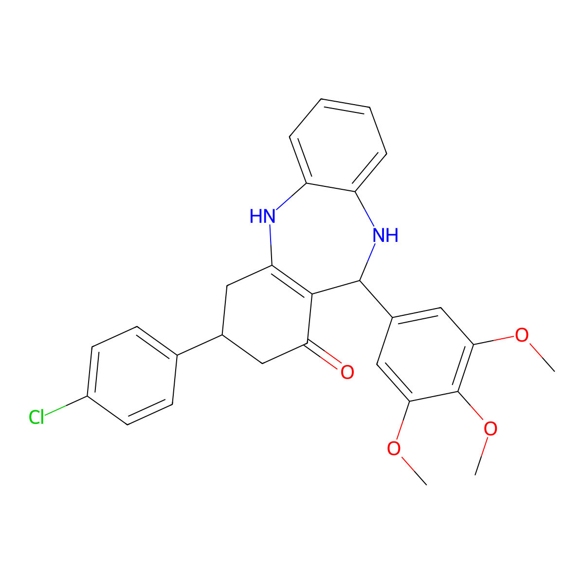 9-(4-Chlorophenyl)-6-(3,4,5-trimethoxyphenyl)-5,6,8,9,10,11-hexahydrobenzo[b][1,4]benzodiazepin-7-one molecular structure, CAS 298686-02-9