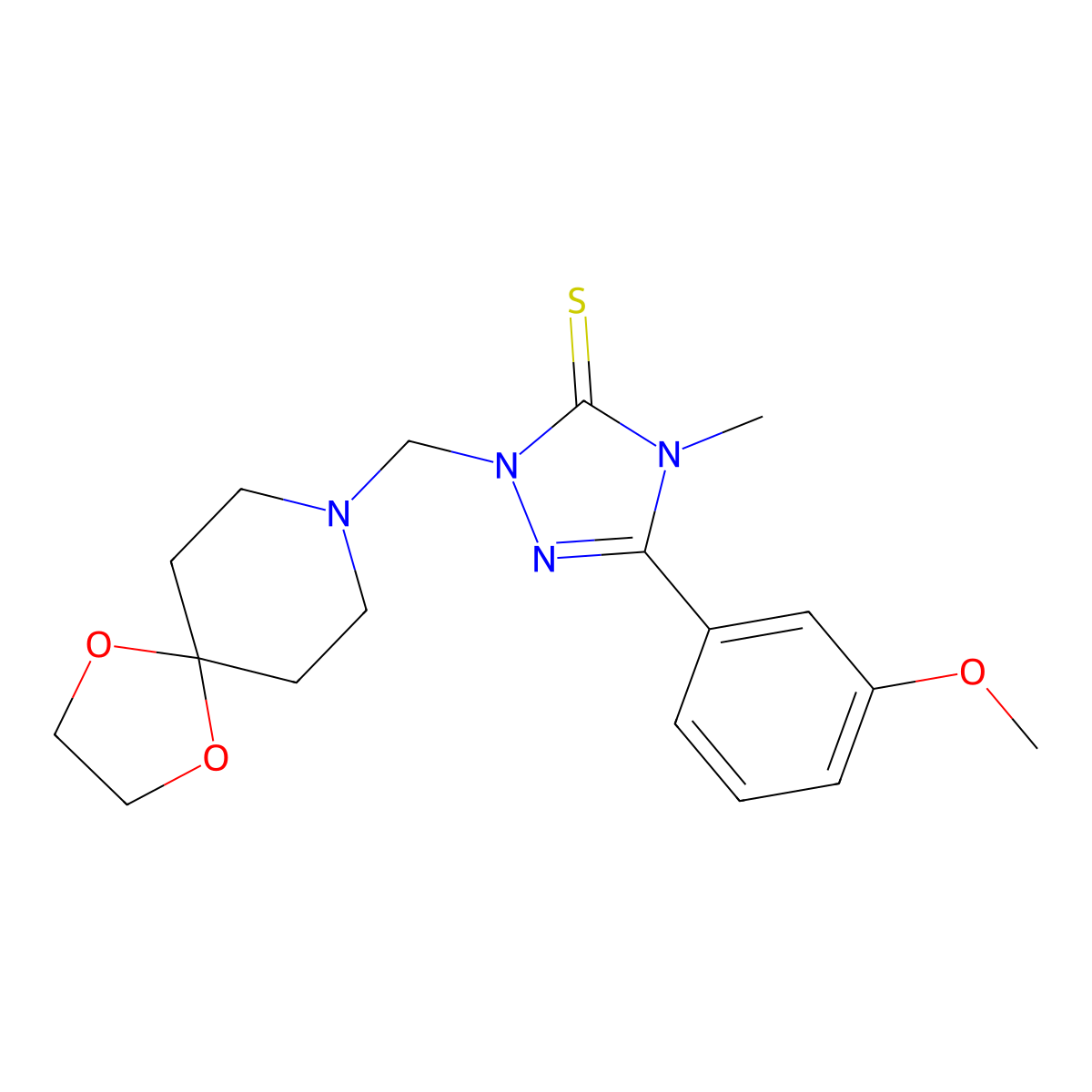 2-(1,4-Dioxa-8-azaspiro[4.5]dec-8-ylmethyl)-5-(3-methoxyphenyl)-4-methyl-2,4-dihydro-3H-1,2,4-triazole-3-thione molecular structure, CAS 298686-64-3