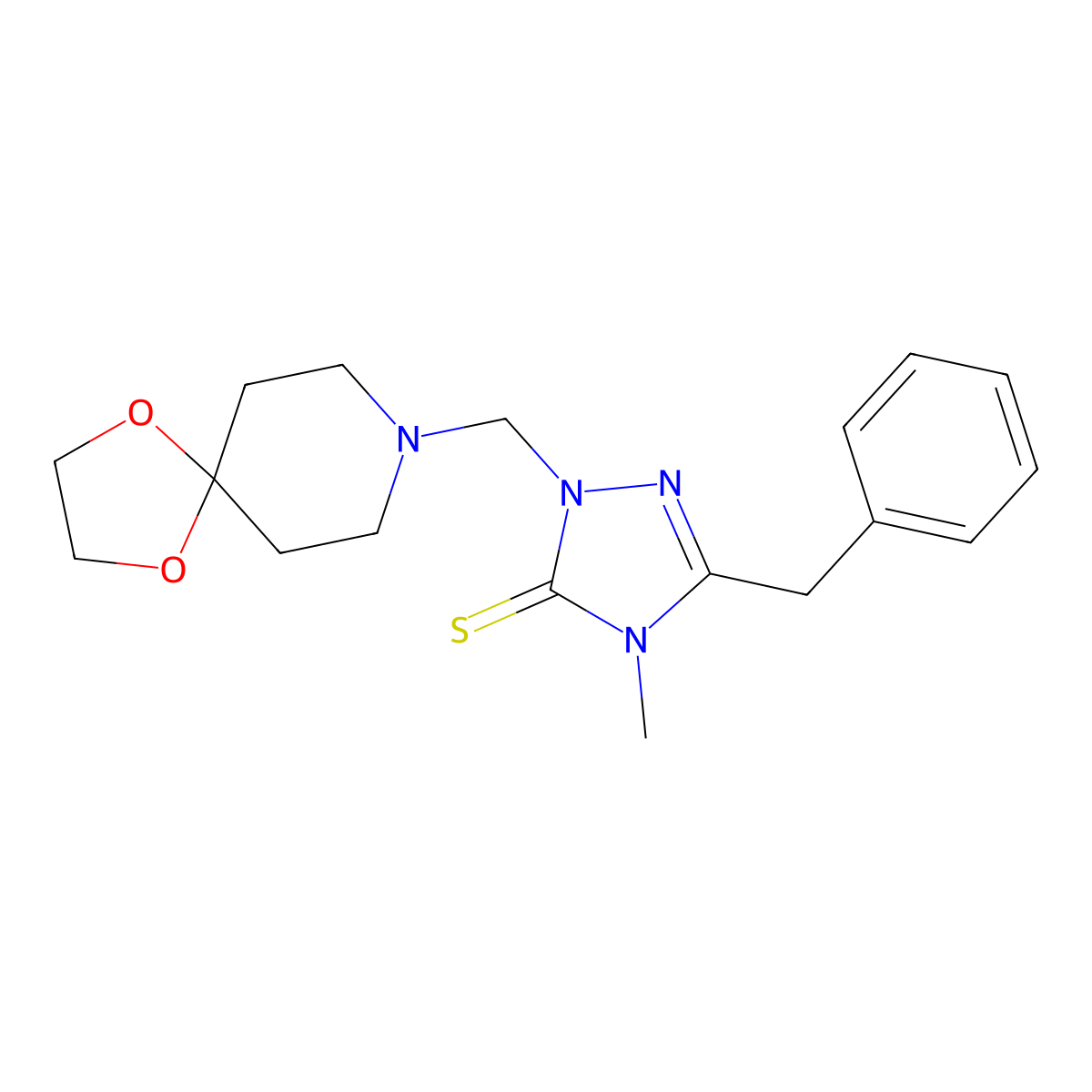 5-Benzyl-2-(1,4-dioxa-8-azaspiro[4.5]dec-8-ylmethyl)-4-methyl-2,4-dihydro-3H-1,2,4-triazole-3-thione molecular structure, CAS 298686-65-4