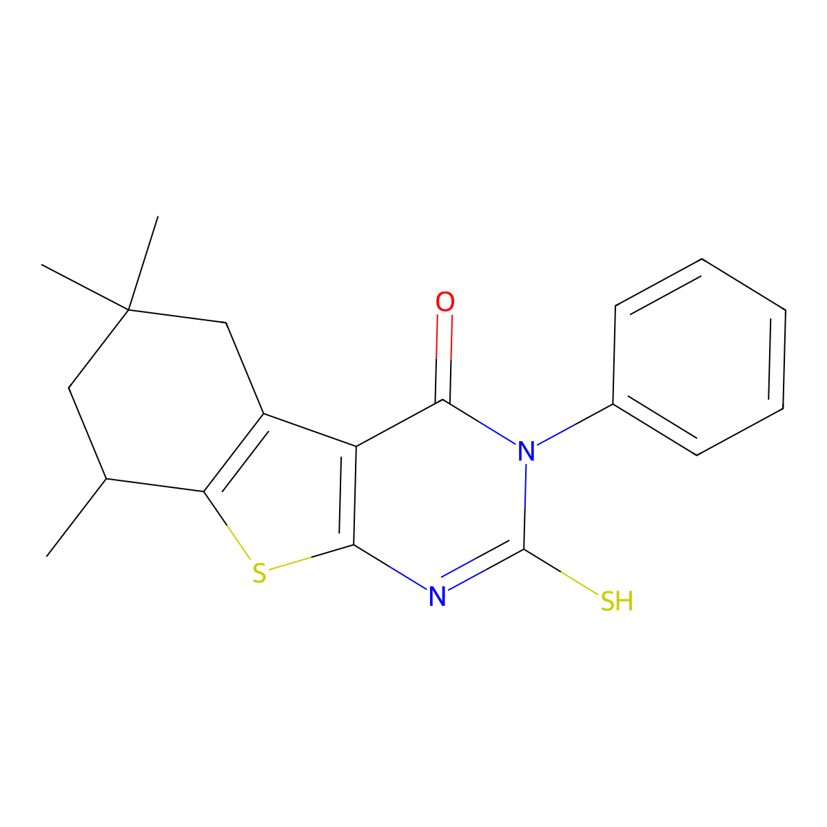 6,6,8-trimethyl-3-phenyl-2-sulfanyl-5,6,7,8-tetrahydro[1]benzothieno[2,3-d]pyrimidin-4(3H)-one molecular structure, CAS 298687-00-0