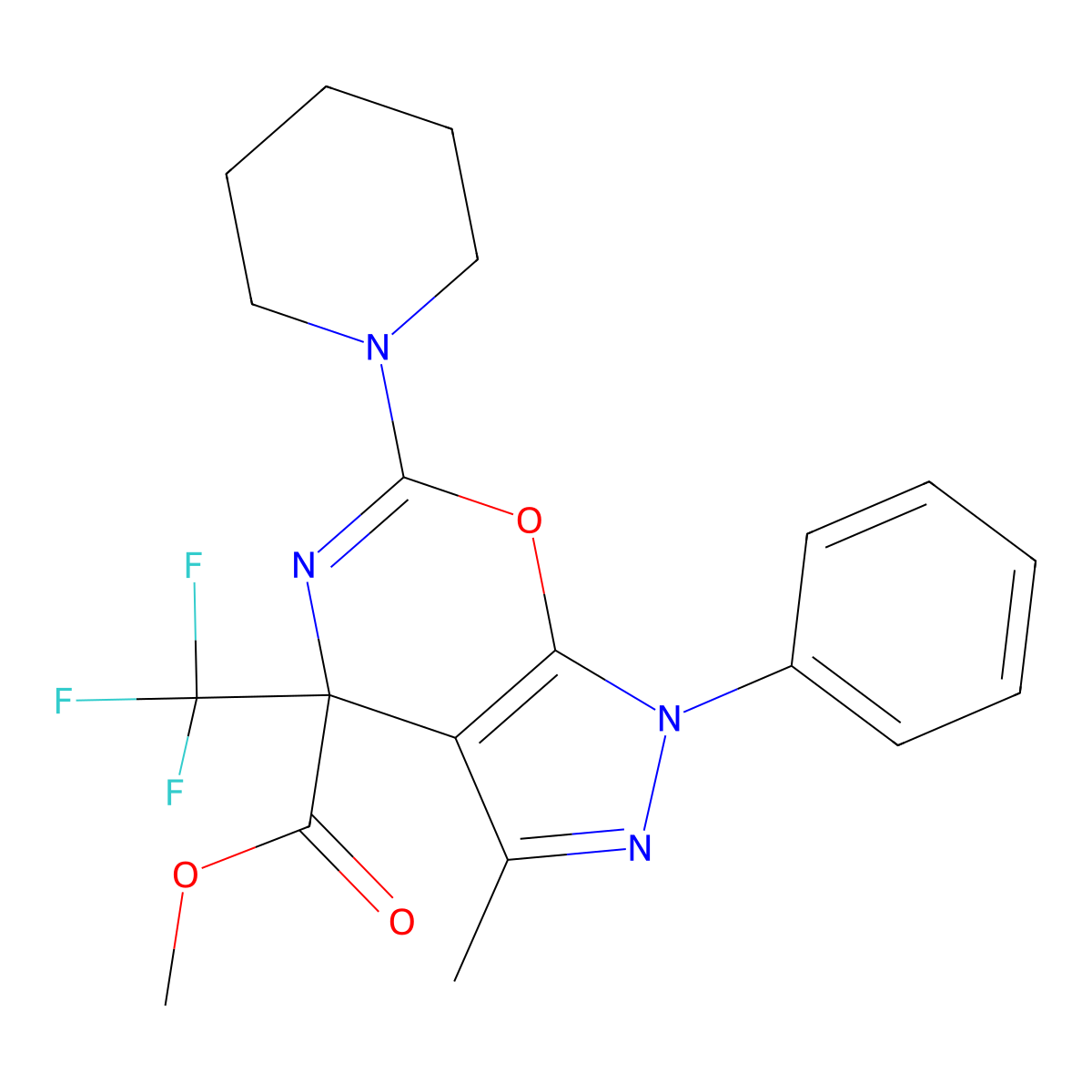 Methyl 3-methyl-1-phenyl-6-(piperidin-1-yl)-4-(trifluoromethyl)-1,4-dihydropyrazolo[4,3-e][1,3]oxazine-4-carboxylate molecular structure, CAS 298687-32-8