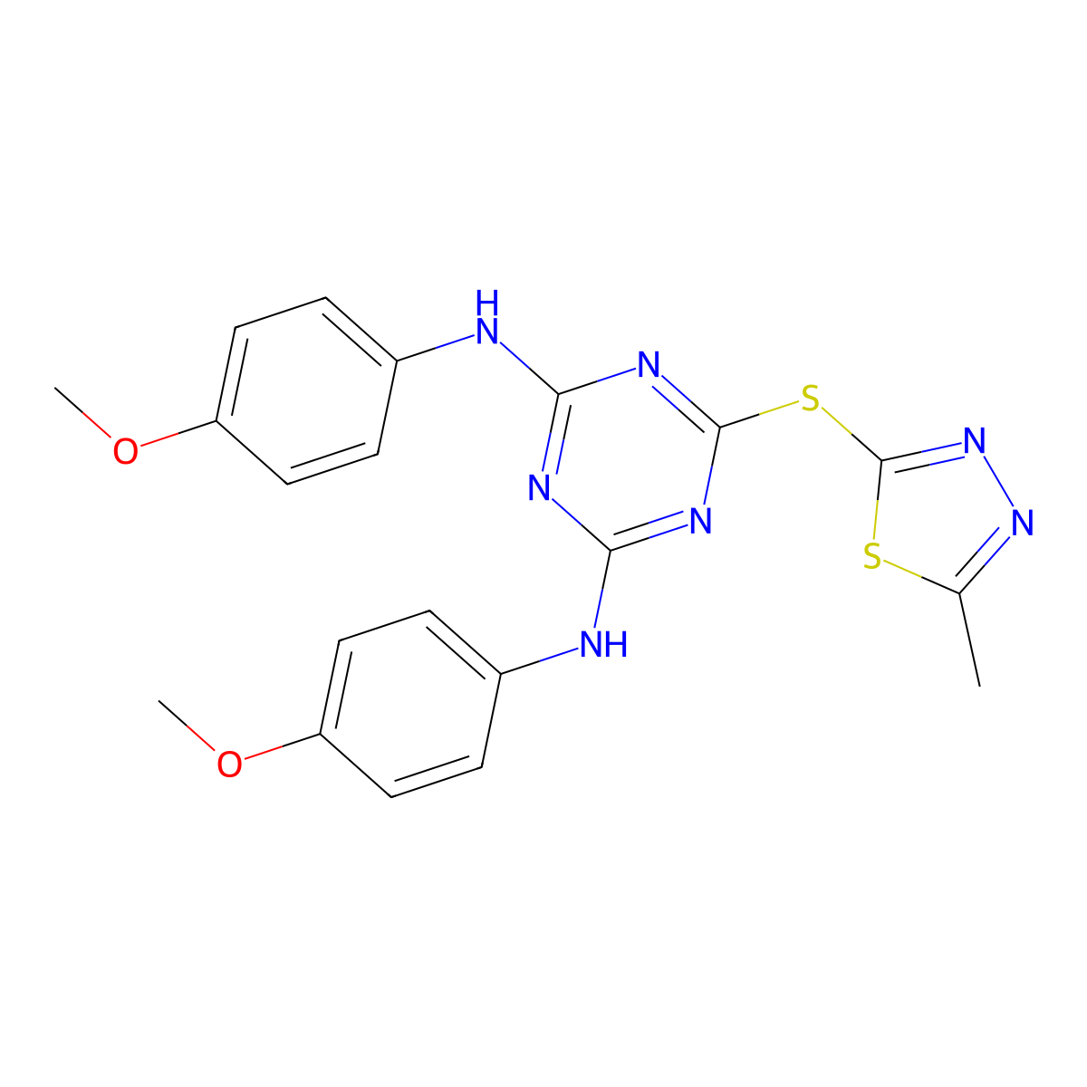 N,N'-bis(4-methoxyphenyl)-6-[(5-methyl-1,3,4-thiadiazol-2-yl)sulfanyl]-1,3,5-triazine-2,4-diamine molecular structure, CAS 298687-53-3