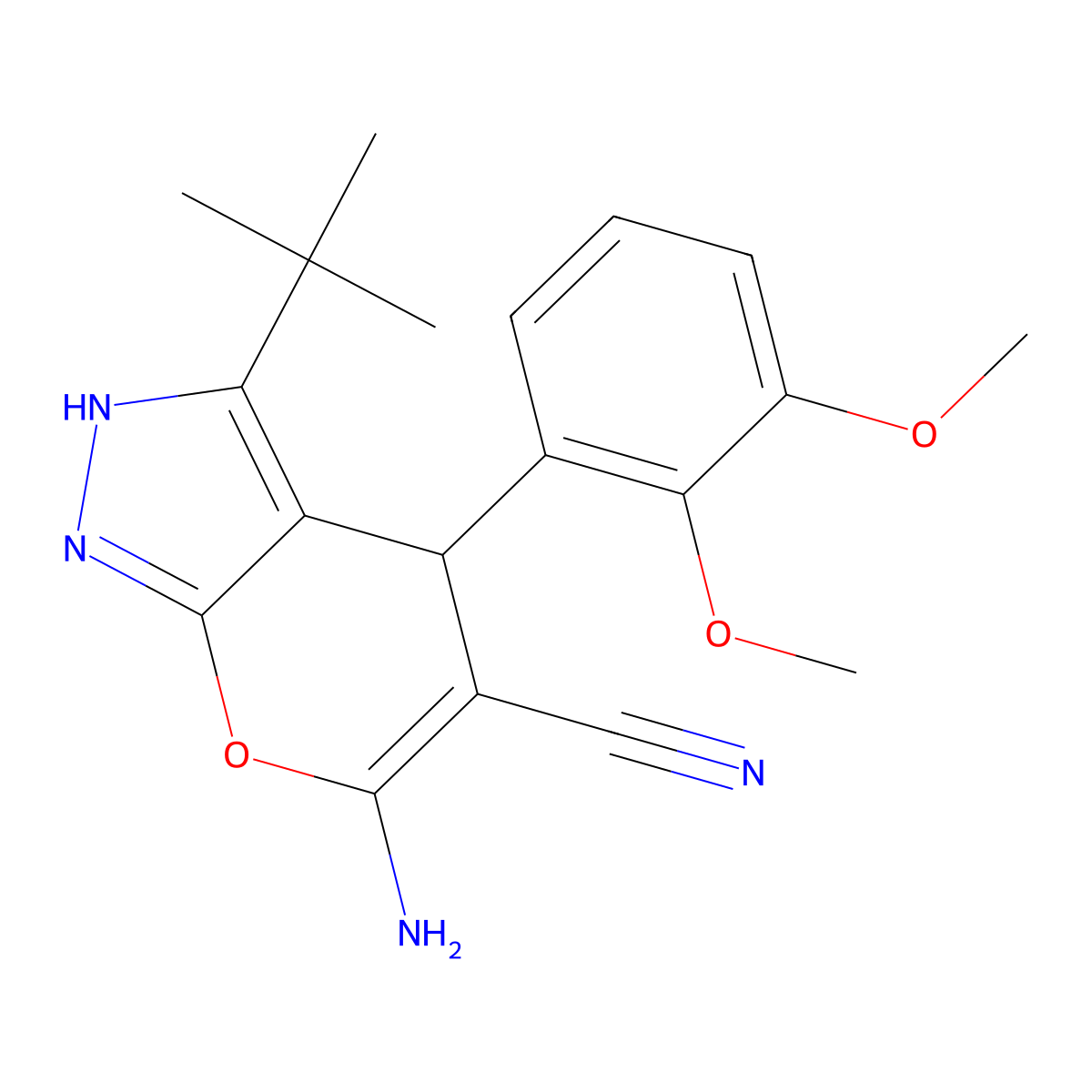 6-Amino-3-tert-butyl-4-(2,3-dimethoxyphenyl)-2,4-dihydropyrano[2,3-c]pyrazole-5-carbonitrile molecular structure, CAS 298687-62-4