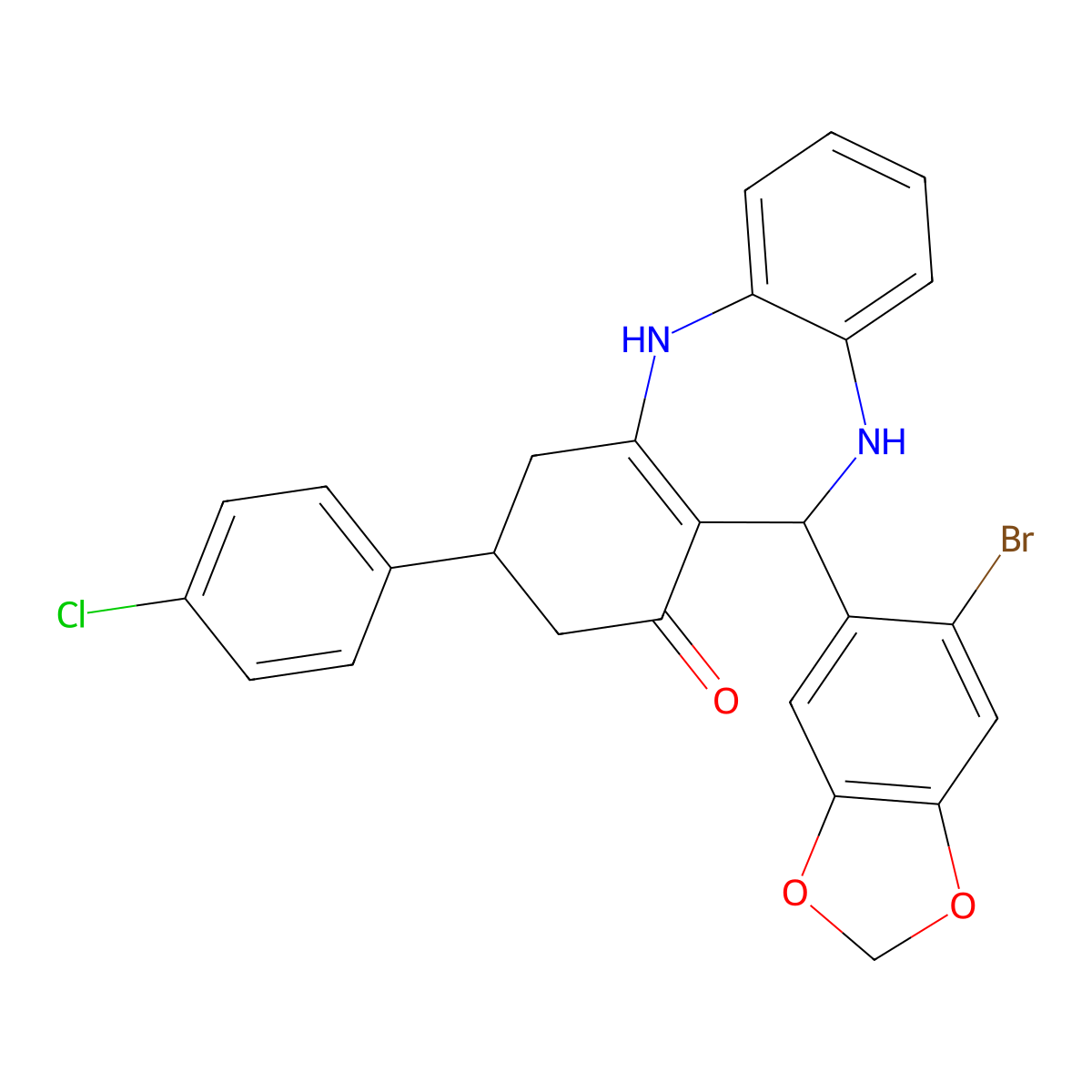 6-(6-Bromo-1,3-benzodioxol-5-yl)-9-(4-chlorophenyl)-5,6,8,9,10,11-hexahydrobenzo[b][1,4]benzodiazepin-7-one molecular structure, CAS 298688-04-7