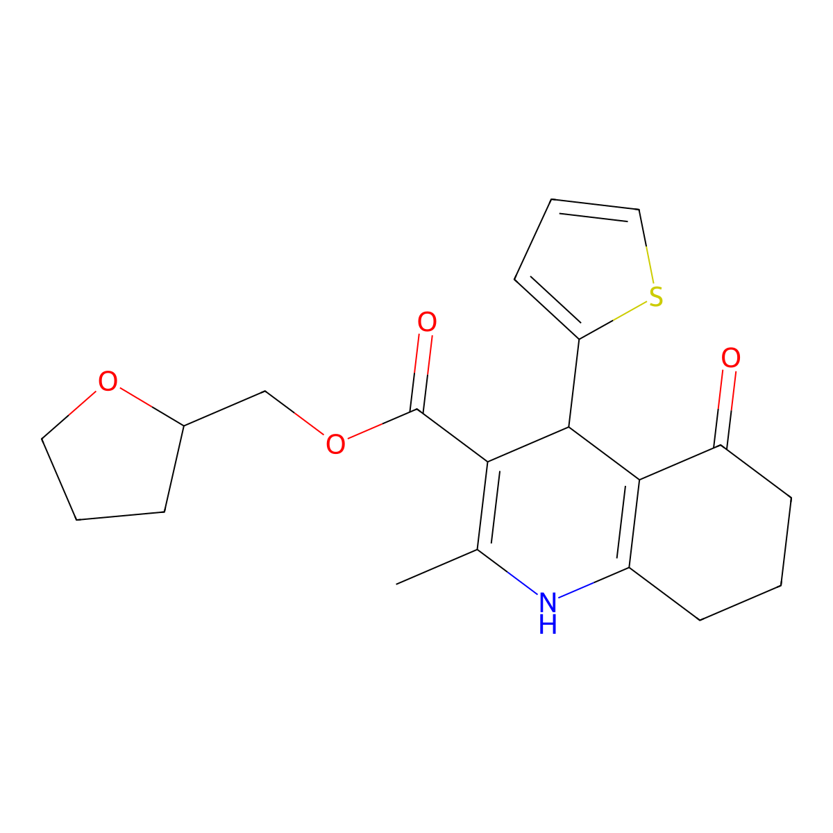 Tetrahydrofuran-2-ylmethyl 2-methyl-5-oxo-4-(thiophen-2-yl)-1,4,5,6,7,8-hexahydroquinoline-3-carboxylate molecular structure, CAS 298688-18-3