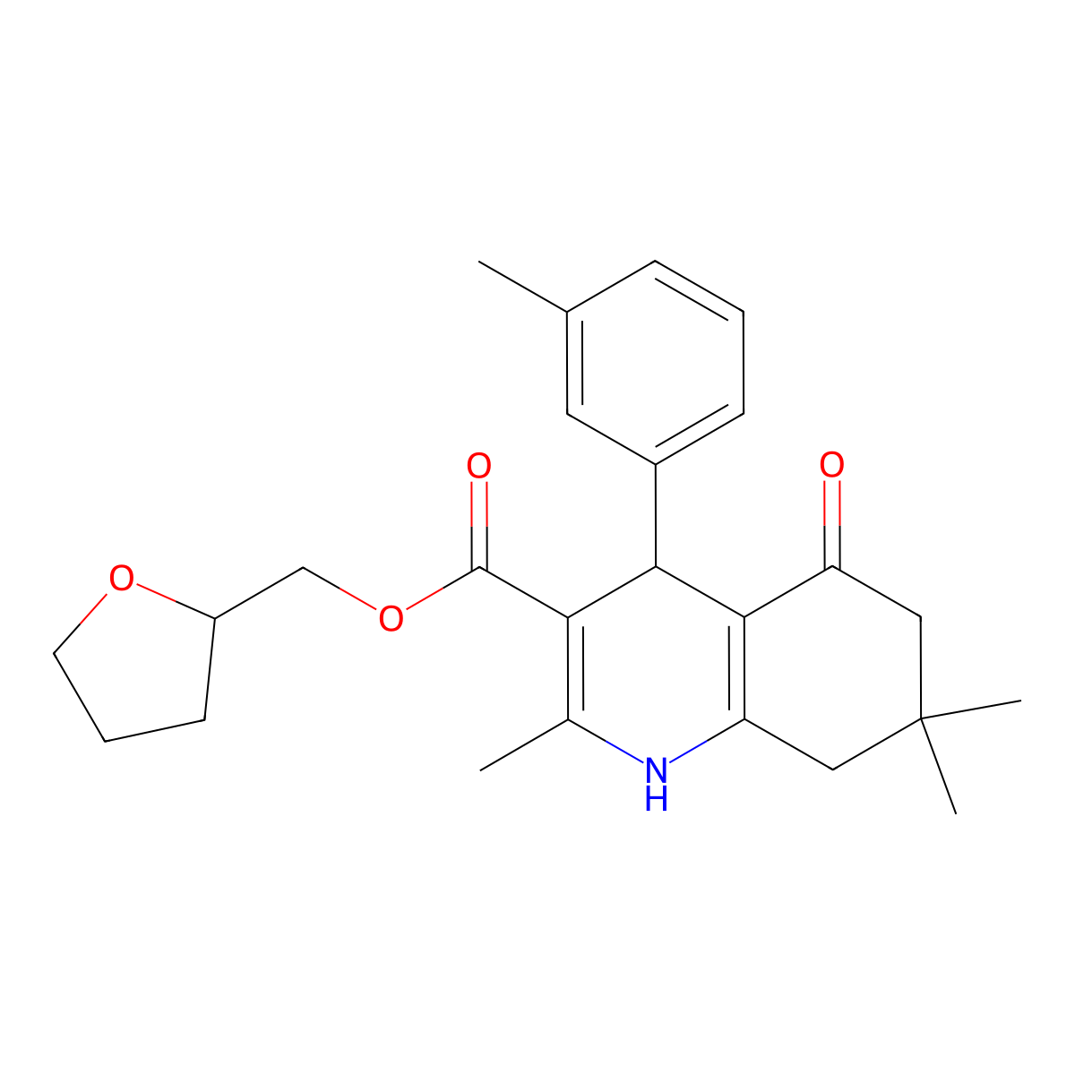 Tetrahydro-2-furanylmethyl 2,7,7-trimethyl-4-(3-methylphenyl)-5-oxo-1,4,5,6,7,8-hexahydro-3-quinolinecarboxylate molecular structure, CAS 298688-20-7