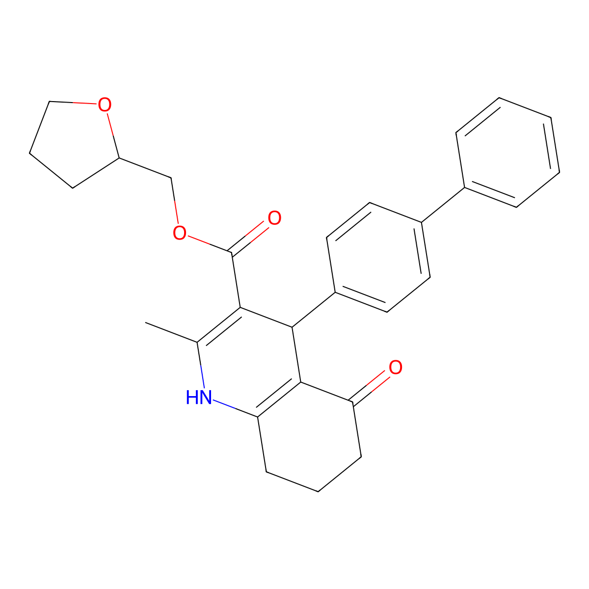 Tetrahydrofuran-2-ylmethyl 4-(biphenyl-4-yl)-2-methyl-5-oxo-1,4,5,6,7,8-hexahydroquinoline-3-carboxylate molecular structure, CAS 298688-27-4