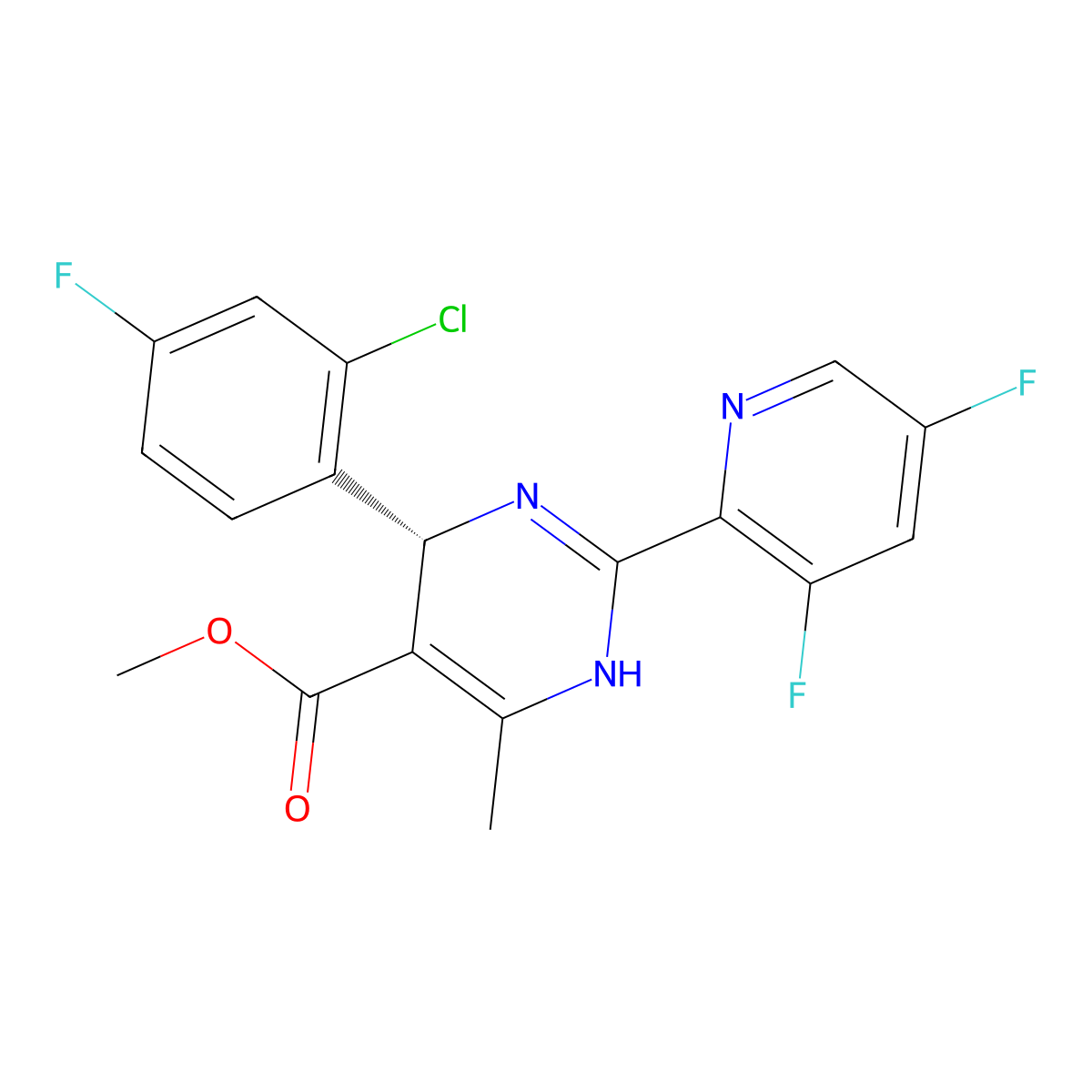 5-Pyrimidinecarboxylic acid, 4-(2-chloro-4-fluorophenyl)-2-(3,5-difluoro-2-pyridinyl)-1,4-dihydro-6-methyl-, methyl ester, (4R)- molecular structure, CAS 298708-81-3