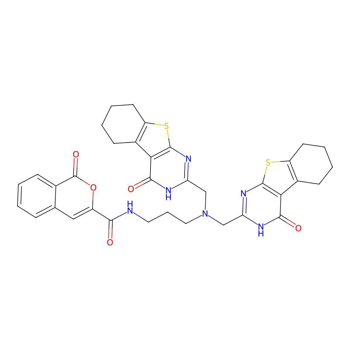 N-[3-[bis[(4-oxo-5,6,7,8-tetrahydro-3H-[1]benzothiolo[2,3-d]pyrimidin-2-yl)methyl]amino]propyl]-1-oxoisochromene-3-carboxamide molecular structure, CAS 2987501-17-5