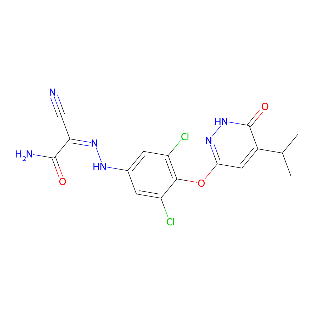 2-Amino-N-(3,5-dichloro-4-((5-isopropyl-6-oxo-1,6-dihydropyridazin-3-yl)oxy)phenyl)-2-oxoacetohydrazonoyl cyanide molecular structure, CAS 2987937-25-5
