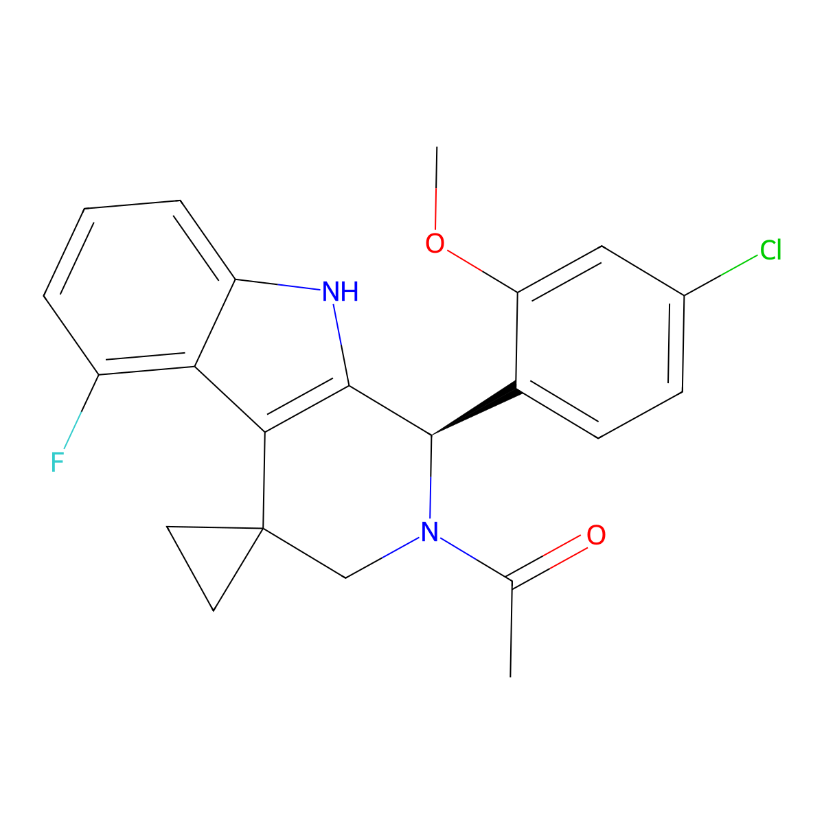 1-[(1R)-1-(4-chloro-2-methoxyphenyl)-5-fluorospiro[3,9-dihydro-1H-pyrido[3,4-b]indole-4,1'-cyclopropane]-2-yl]ethanone molecular structure, CAS 2988224-39-9