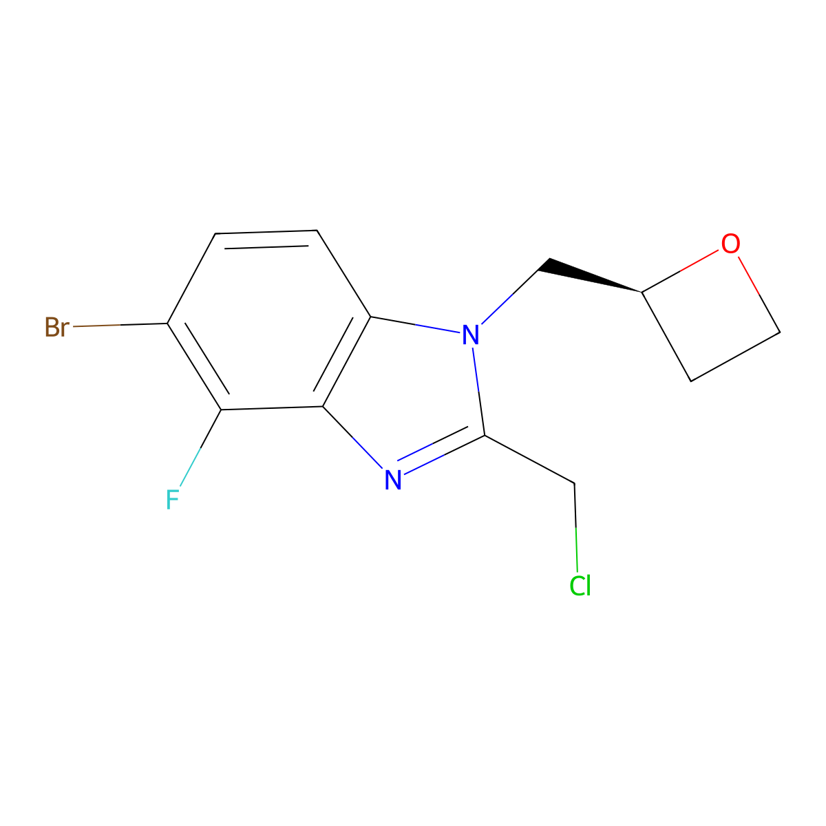 (S)-5-bromo-2-(chloromethyl)-4-fluoro-1-(oxetan-2-ylmethyl)-1H-benzo[d]imidazole molecular structure, CAS 2988847-32-9