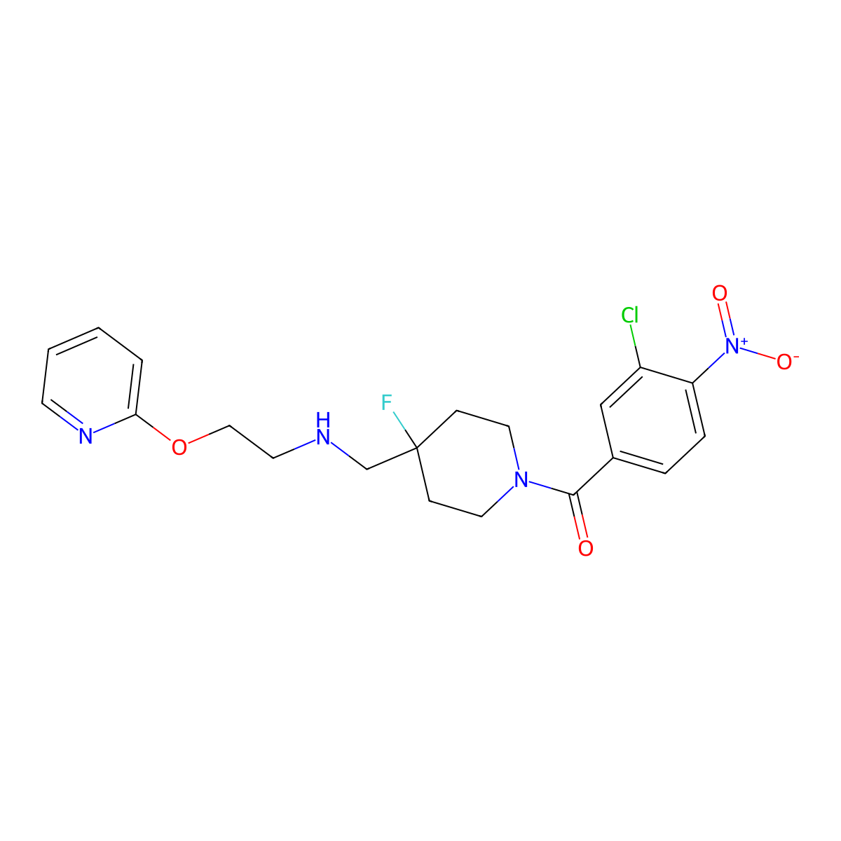 (3-Chloro-4-nitrophenyl)(4-fluoro-4-(((2-(pyridin-2-yloxy)ethyl)amino)methyl)piperidin-1-yl)methanone molecular structure, CAS 2989039-38-3