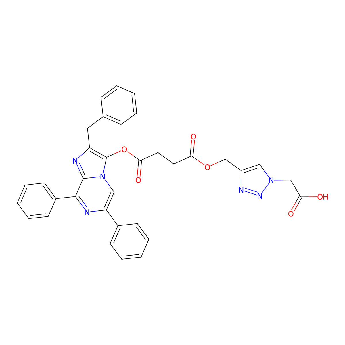 2-[4-[[4-(2-Benzyl-6,8-diphenylimidazo[1,2-a]pyrazin-3-yl)oxy-4-oxobutanoyl]oxymethyl]triazol-1-yl]acetic acid molecular structure, CAS 2989379-61-3