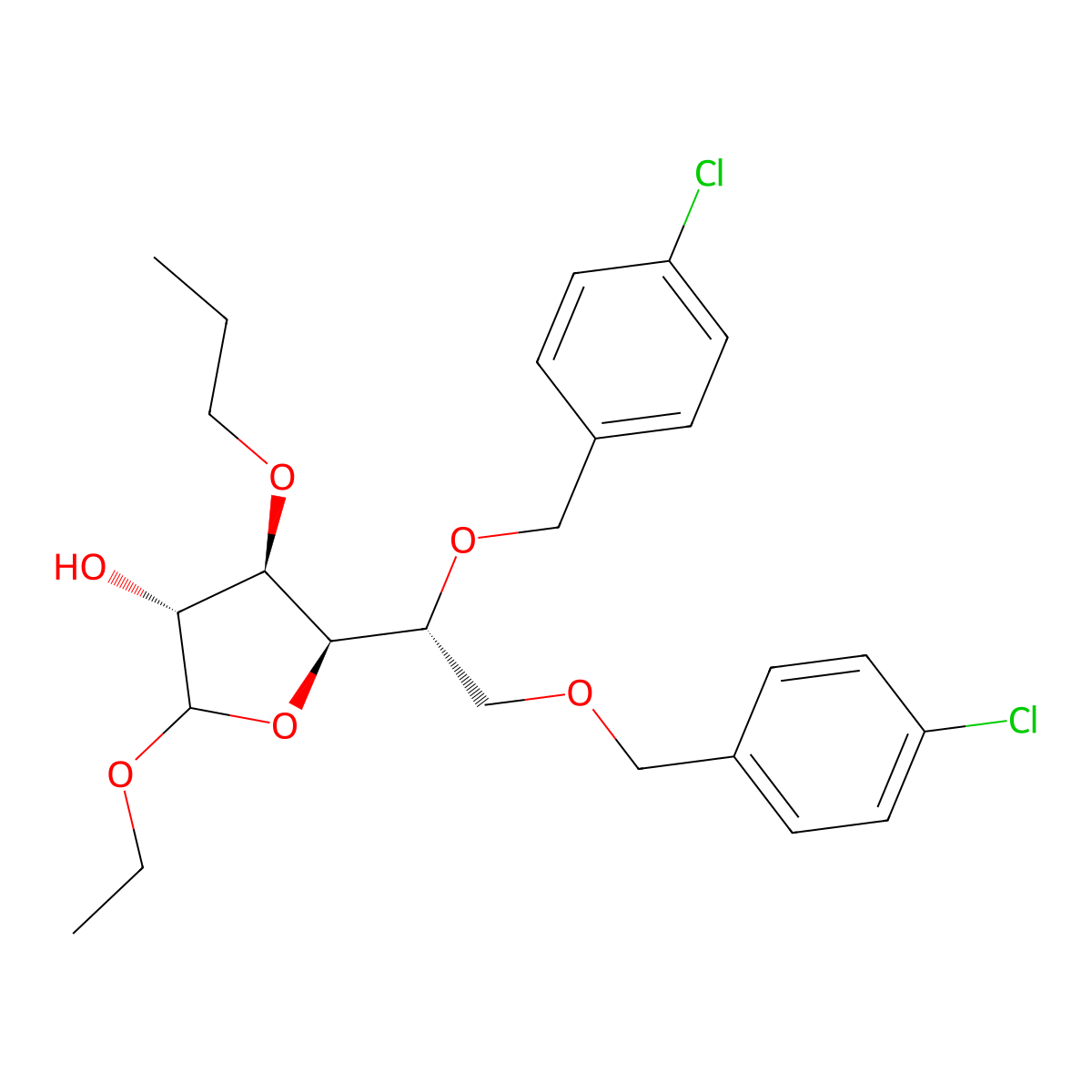 Ethyl 5,6-bis-O-((4-chlorophenyl)methyl)-3-O-propyl-D-glucofuranoside molecular structure, CAS 29899-95-4