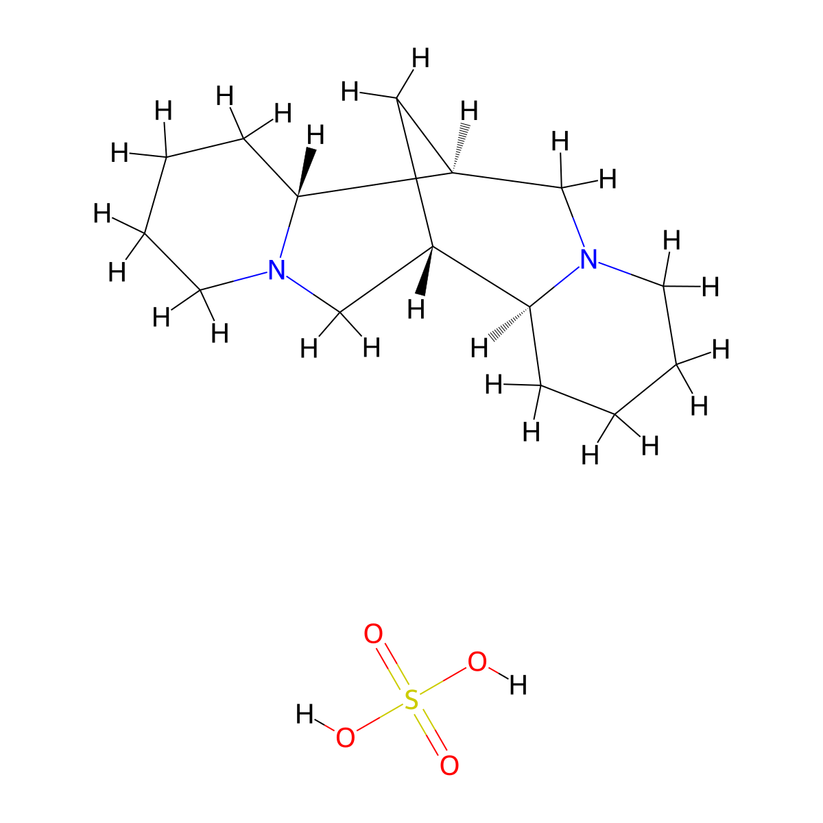 7,14-Methano-2H,6H-dipyrido(1,2-a:1',2'-e)(1,5)diazocine, dodecahydro-, (7S,7aR,14S,14aS)-, sulfate (1:1) molecular structure, CAS 299-39-8