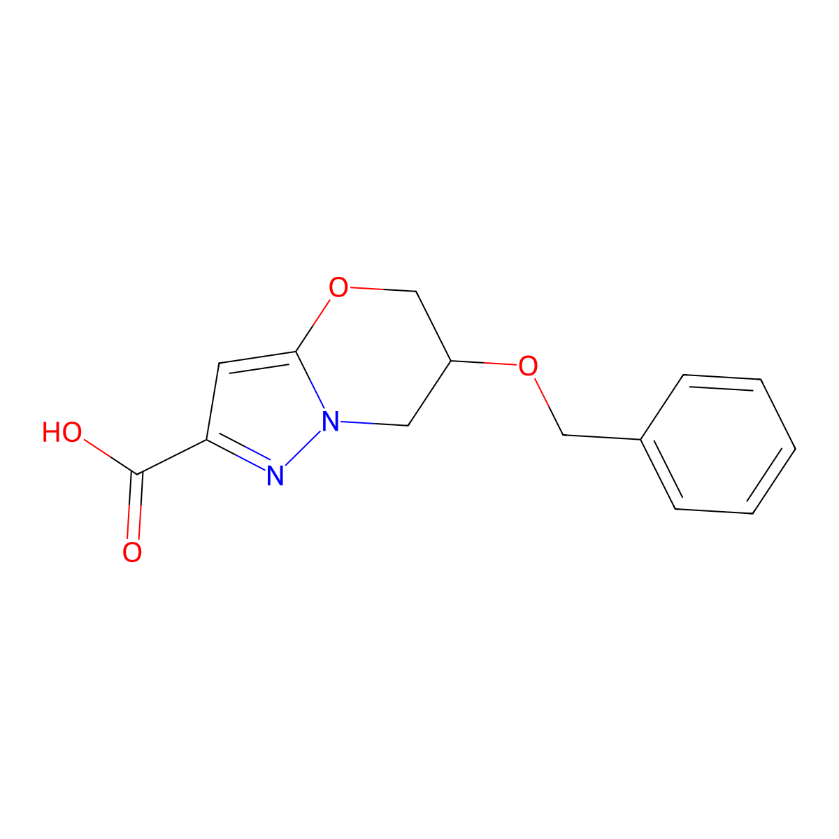 6-(benzyloxy)-5H,6H,7H-pyrazolo[3,2-b][1,3]oxazine-2-carboxylic acid molecular structure, CAS 2990108-11-5