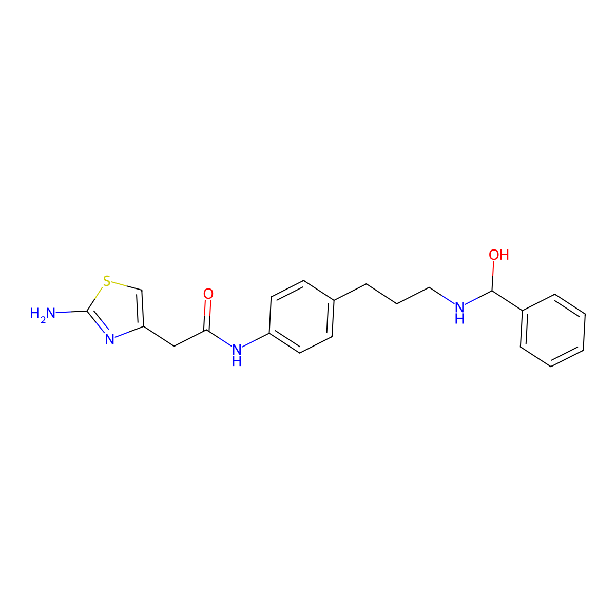 2-(2-aminothiazol-4-yl)-N-(4-(3-((hydroxy(phenyl)methyl)amino)propyl)phenyl)acetamide molecular structure, CAS 2990117-75-2