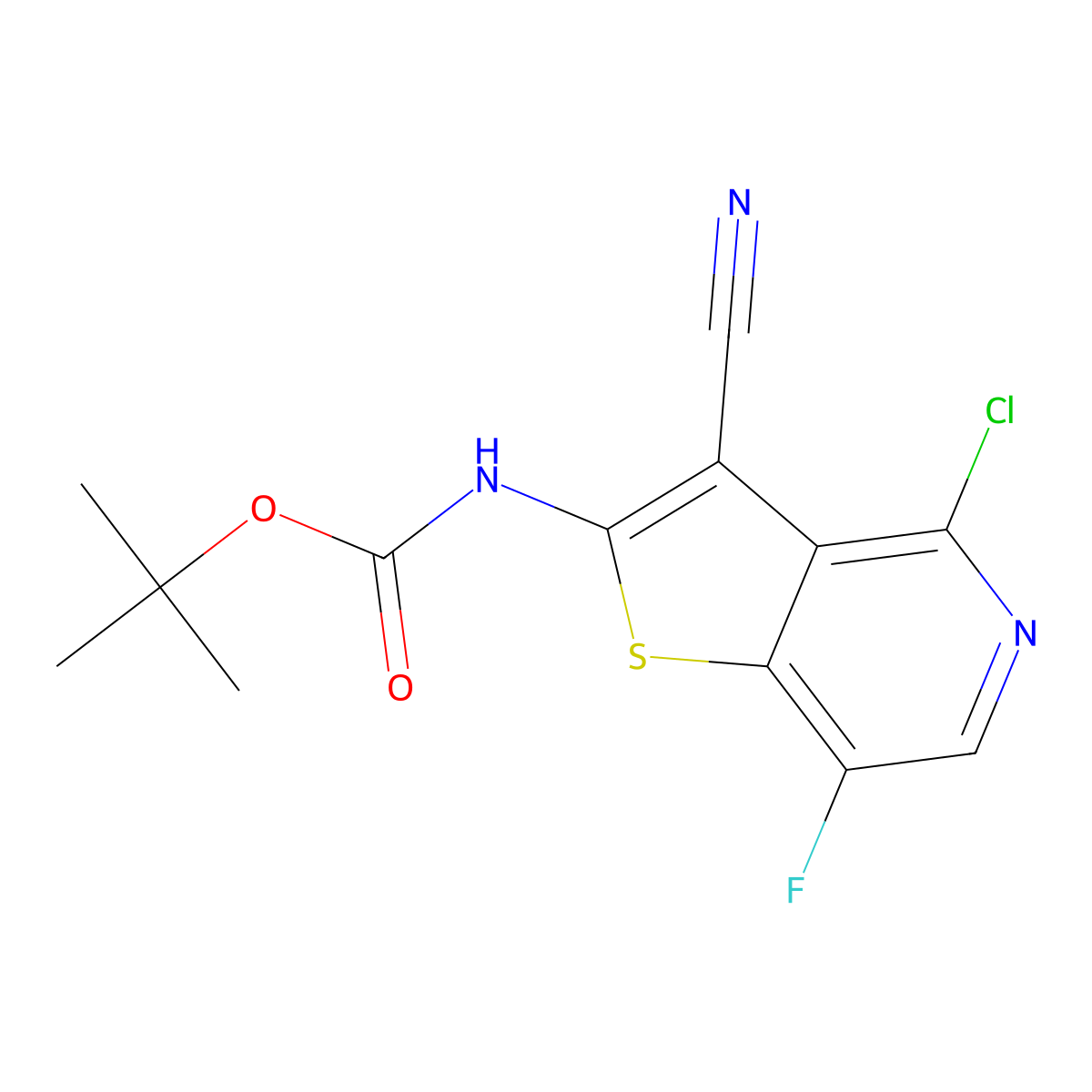 Tert-butyl (4-chloro-3-cyano-7-fluorothieno[3,2-C]pyridin-2-YL)carbamate molecular structure, CAS 2991357-35-6