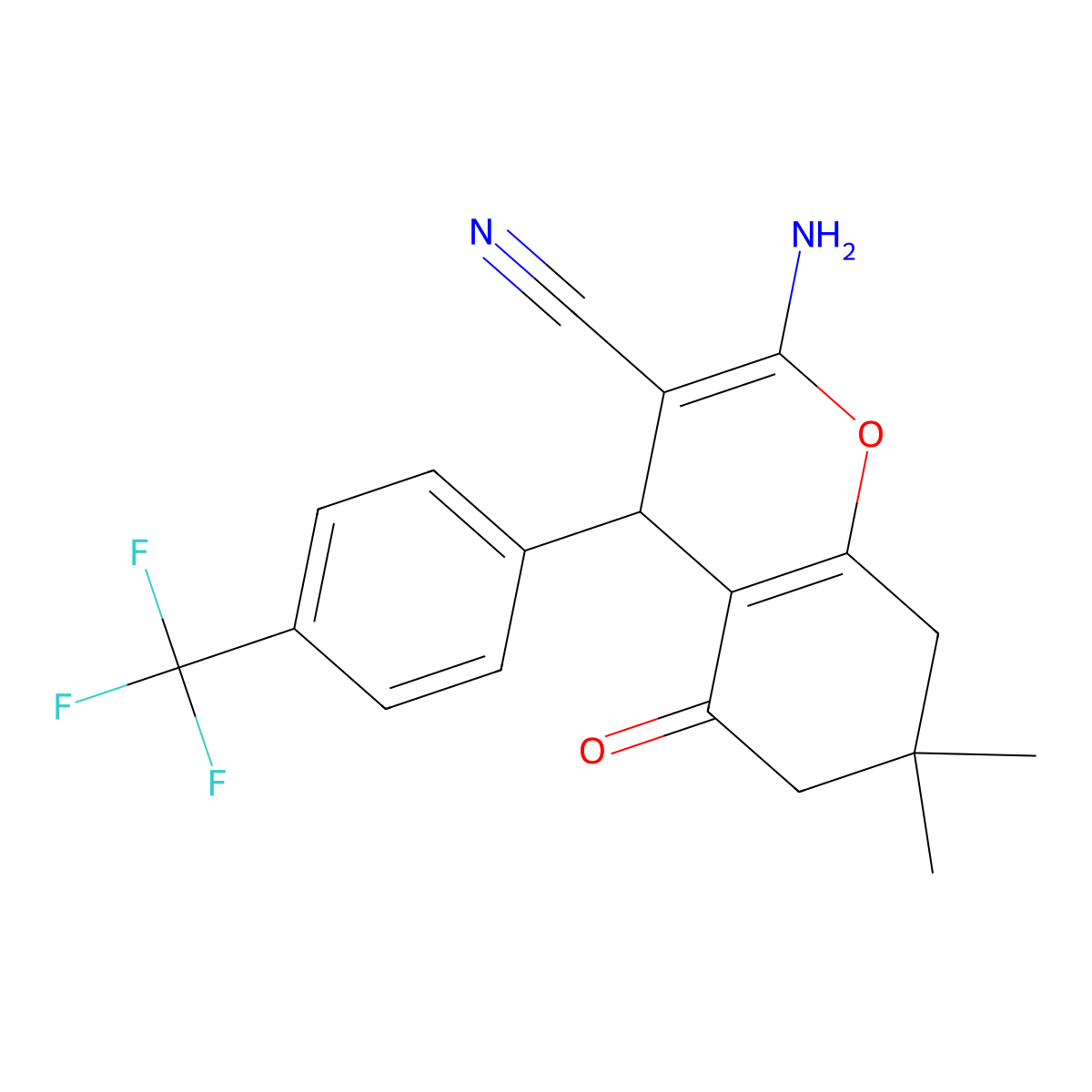 2-amino-7,7-dimethyl-5-oxo-4-[4-(trifluoromethyl)phenyl]-5,6,7,8-tetrahydro-4H-chromene-3-carbonitrile molecular structure, CAS 299165-77-8