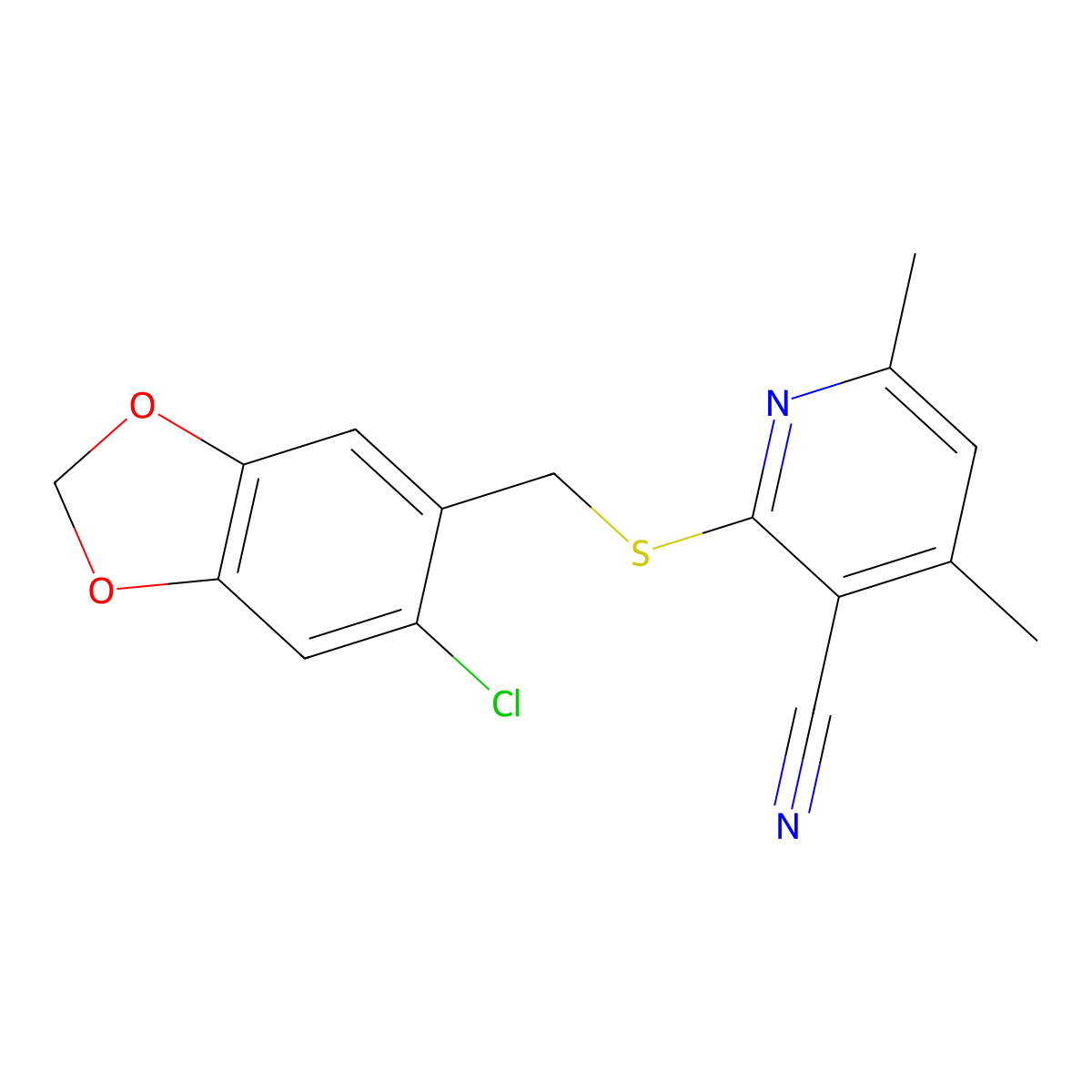 2-(((6-Chlorobenzo[d][1,3]dioxol-5-yl)methyl)thio)-4,6-dimethylnicotinonitrile molecular structure, CAS 299166-39-5
