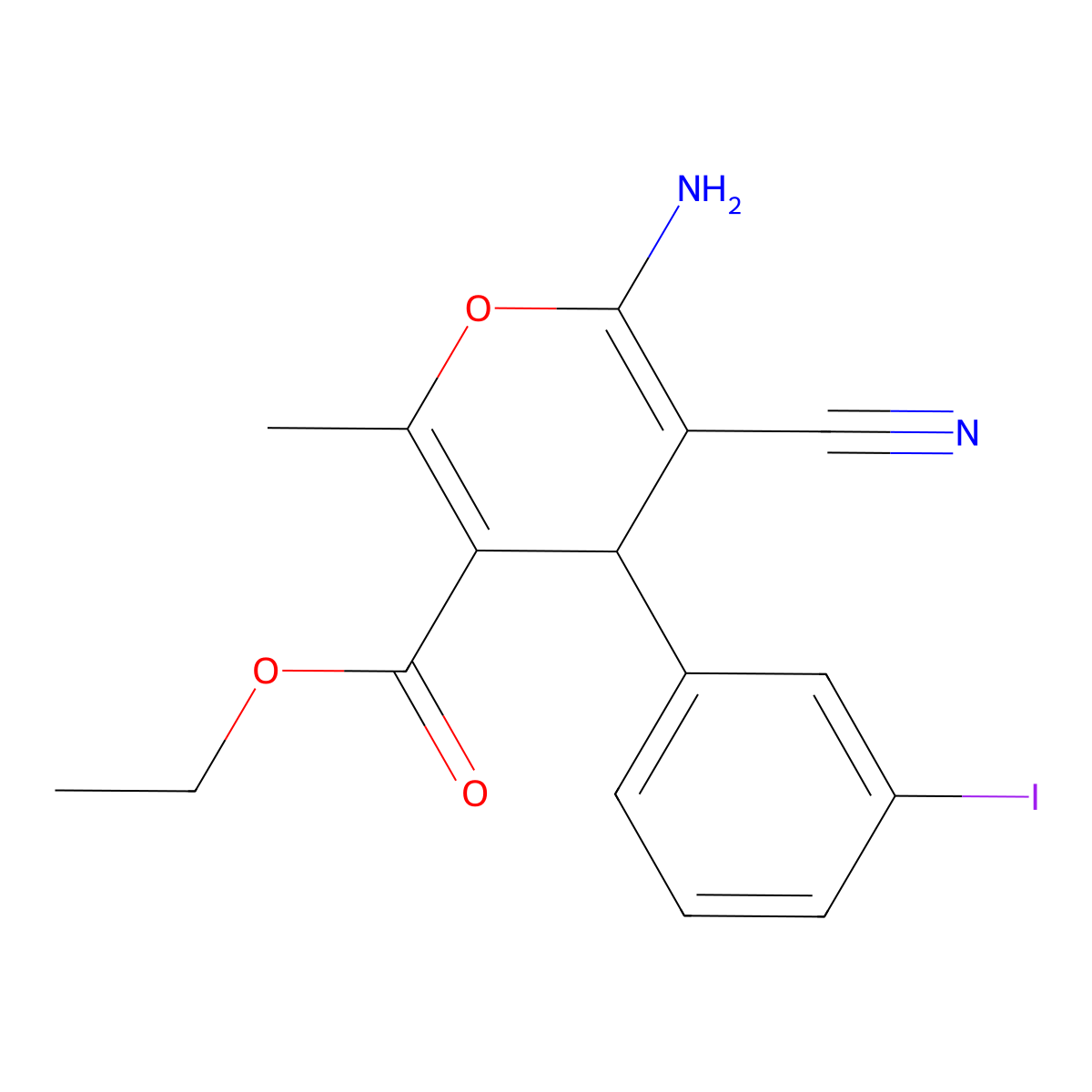 Ethyl 6-amino-5-cyano-4-(3-iodophenyl)-2-methyl-4H-pyran-3-carboxylate molecular structure, CAS 299198-05-3