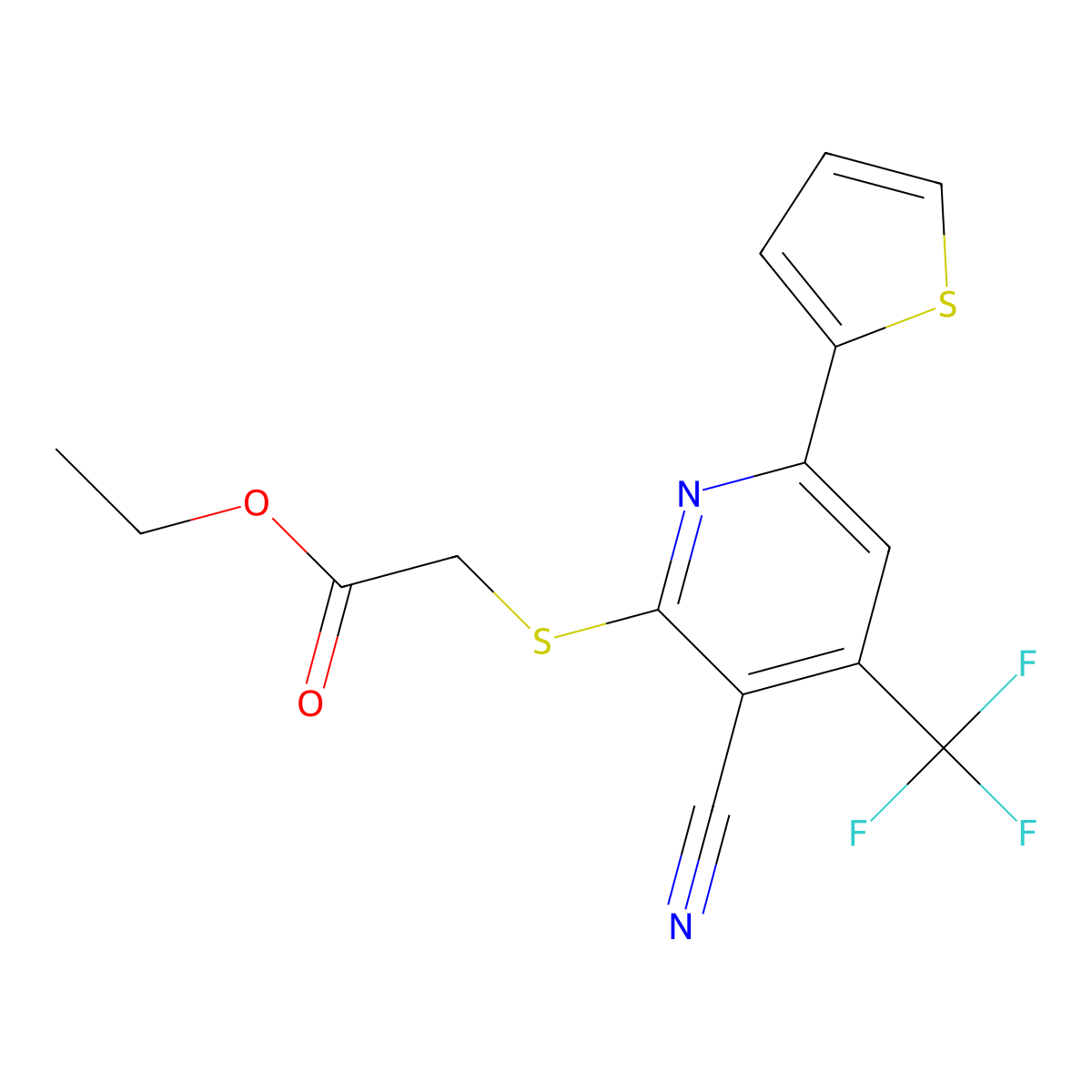 Ethyl ((3-cyano-6-(2-thienyl)-4-(trifluoromethyl)-2-pyridinyl)thio)acetate molecular structure, CAS 299198-22-4