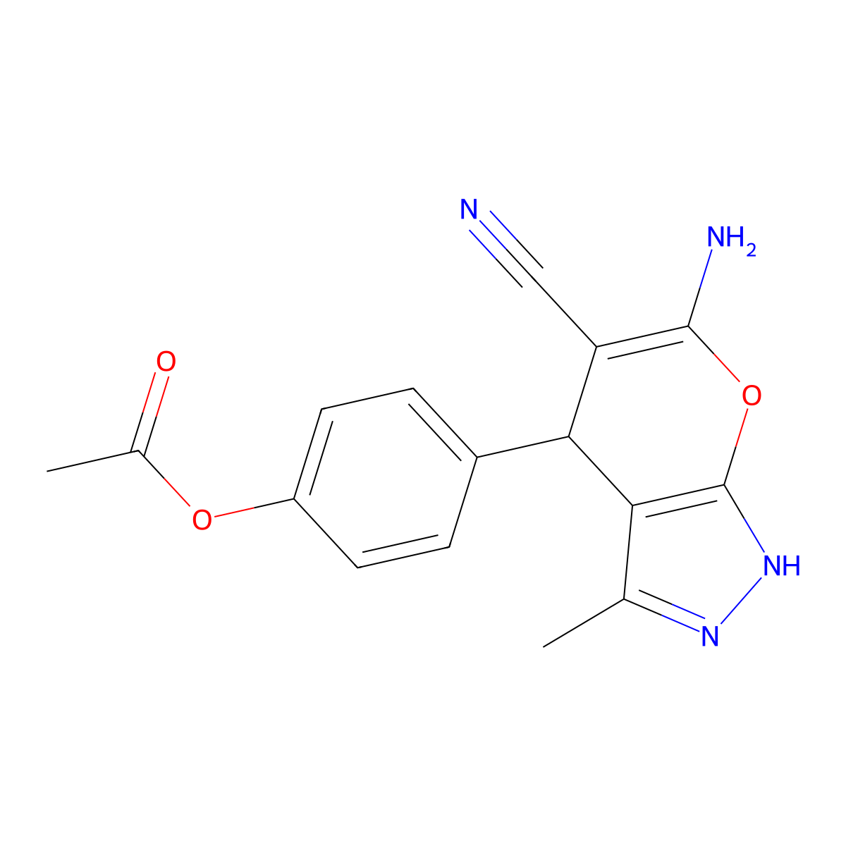 4-(6-Amino-5-cyano-3-methyl-1,4-dihydropyrano[2,3-c]pyrazol-4-yl)phenyl acetate molecular structure, CAS 299198-24-6