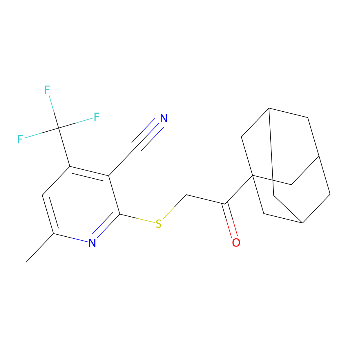 6-Methyl-2-((2-oxo-2-tricyclo(3.3.1.13,7)dec-1-ylethyl)thio)-4-(trifluoromethyl)-3-pyridinecarbonitrile molecular structure, CAS 299198-62-2