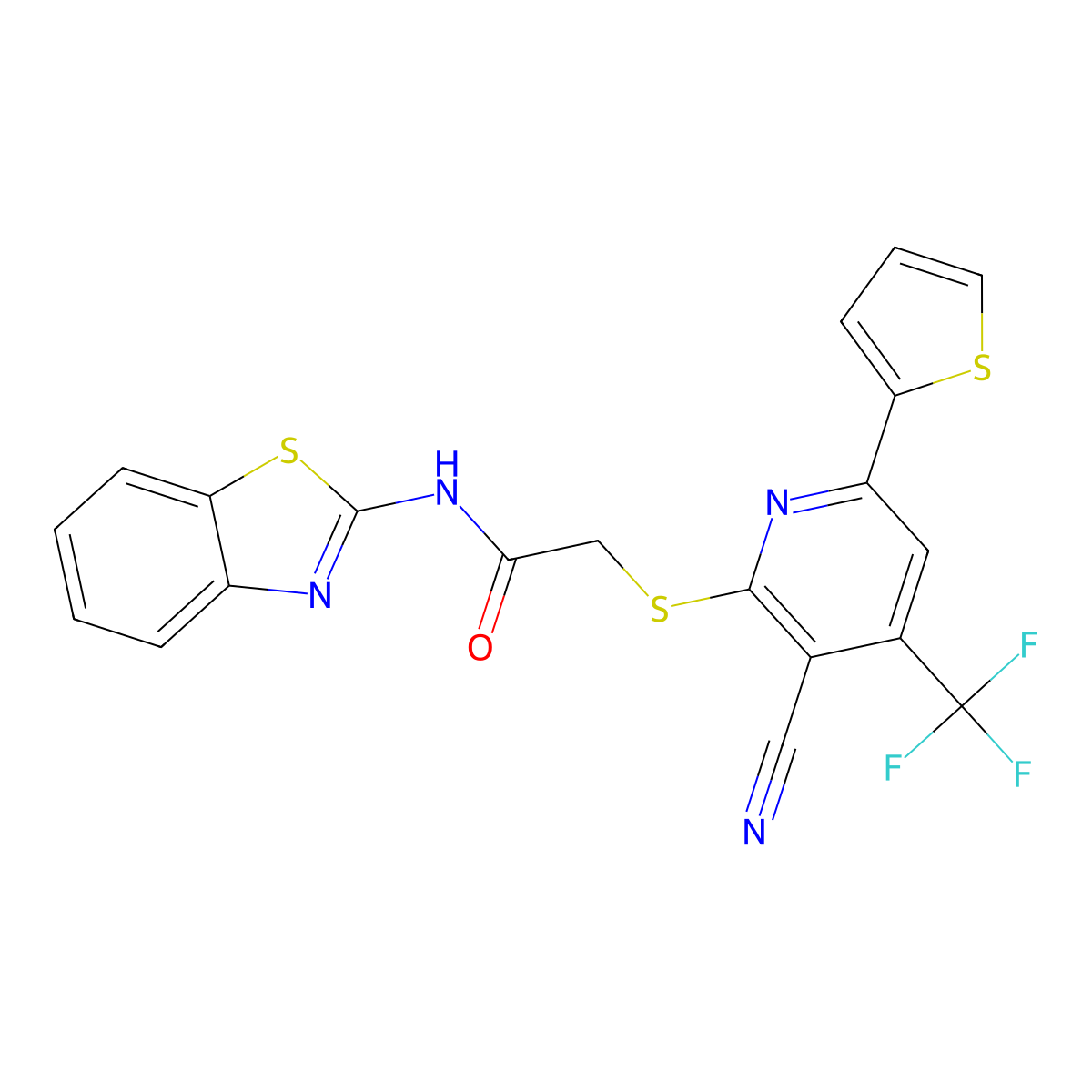 N-(1,3-benzothiazol-2-yl)-2-[3-cyano-6-thiophen-2-yl-4-(trifluoromethyl)pyridin-2-yl]sulfanylacetamide molecular structure, CAS 299200-77-4