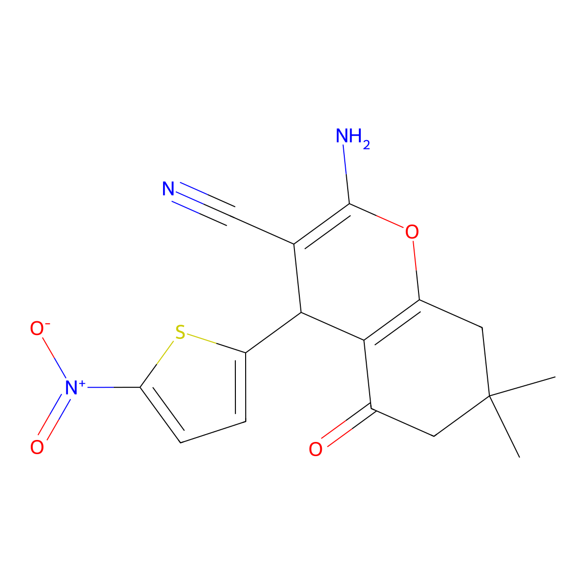 2-amino-7,7-dimethyl-4-(5-nitrothiophen-2-yl)-5-oxo-6,8-dihydro-4H-chromene-3-carbonitrile molecular structure, CAS 299200-82-1