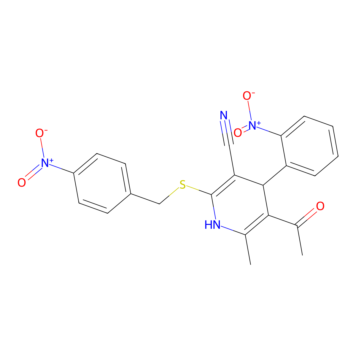 5-Acetyl-6-methyl-2-[(4-nitrobenzyl)sulfanyl]-4-(2-nitrophenyl)-1,4-dihydropyridine-3-carbonitrile molecular structure, CAS 299200-86-5