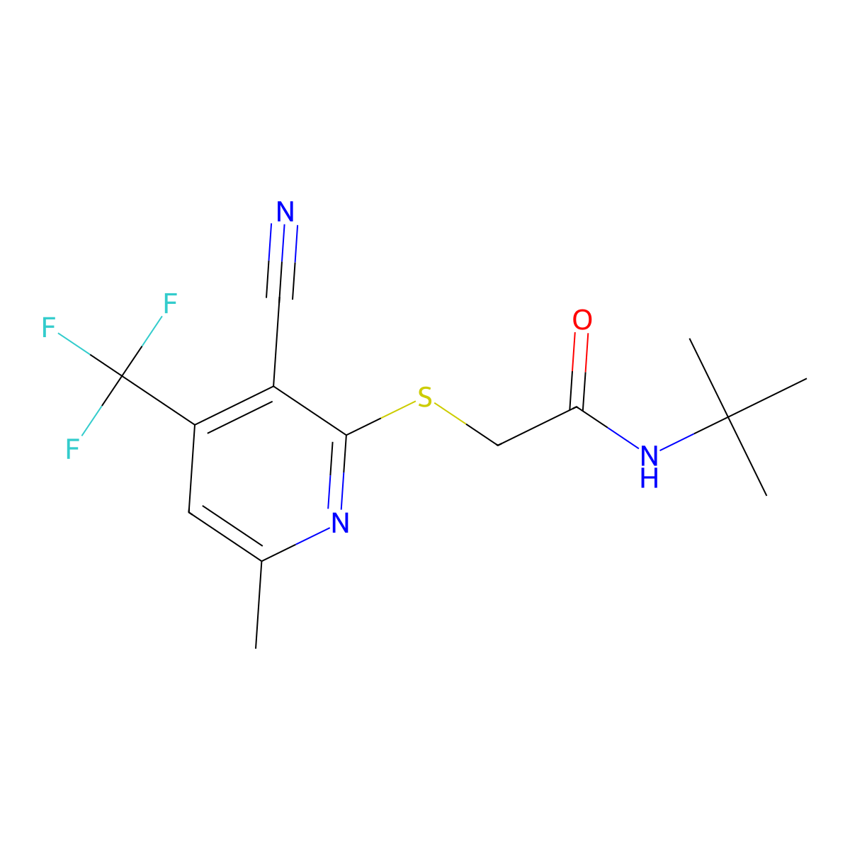N-tert-butyl-2-{[3-cyano-6-methyl-4-(trifluoromethyl)pyridin-2-yl]sulfanyl}acetamide molecular structure, CAS 299201-38-0