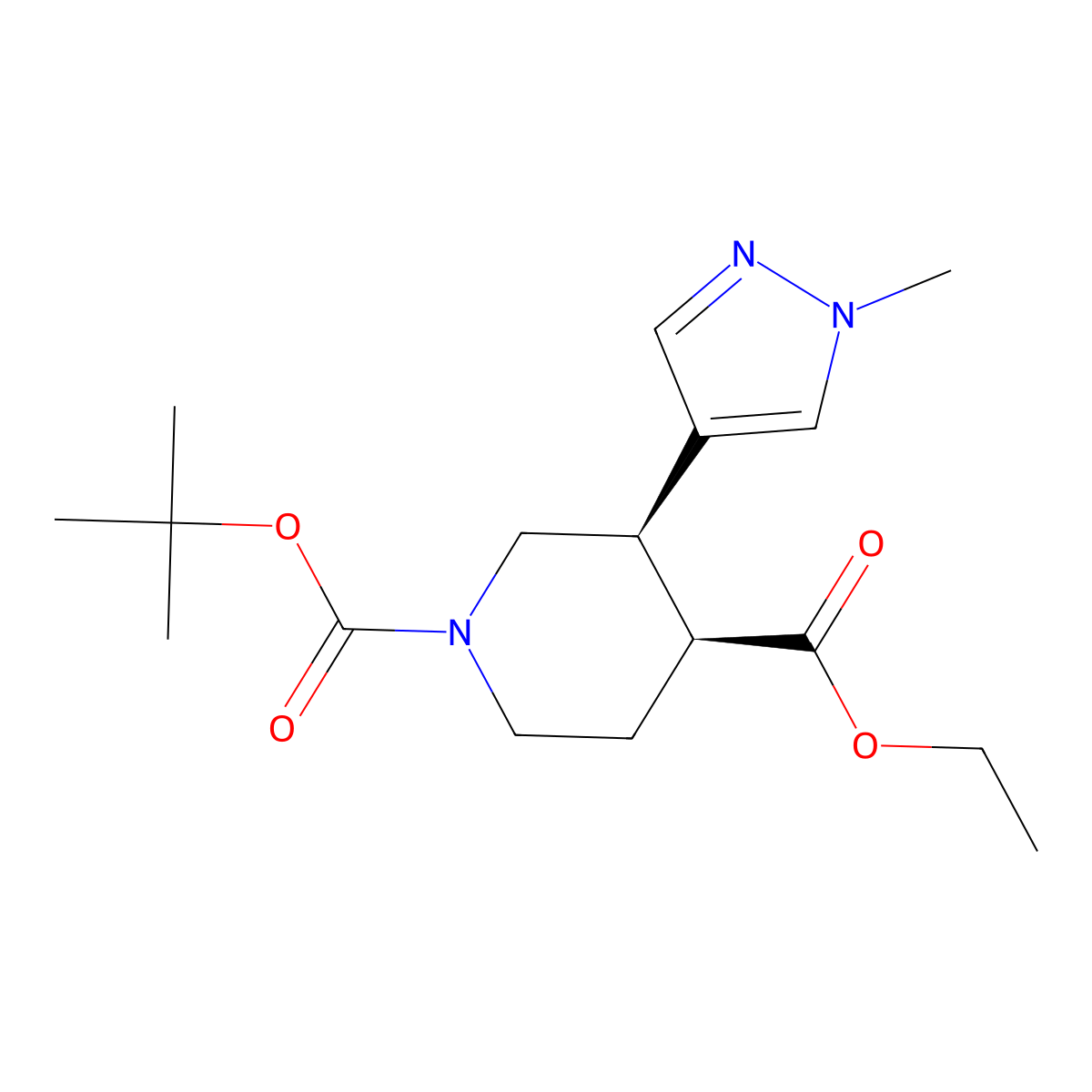 rac-1-tert-butyl 4-ethyl (3R,4S)-3-(1-methyl-1H-pyrazol-4-yl)piperidine-1,4-dicarboxylate molecular structure, CAS 2992596-35-5