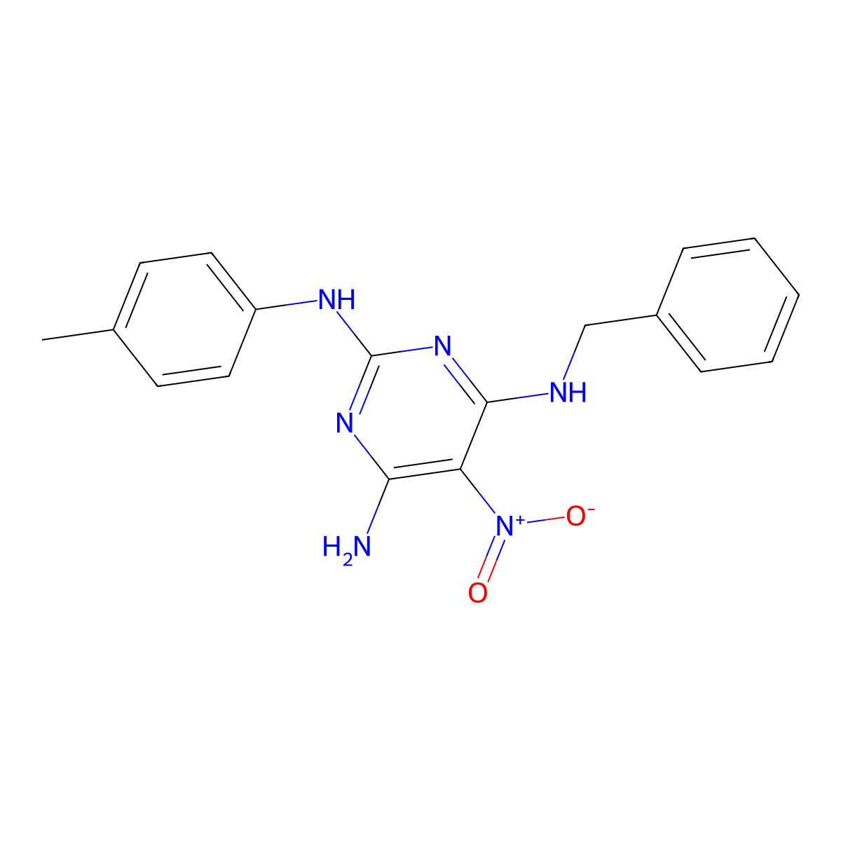 4-N-benzyl-2-N-(4-methylphenyl)-5-nitropyrimidine-2,4,6-triamine molecular structure, CAS 29935-93-1