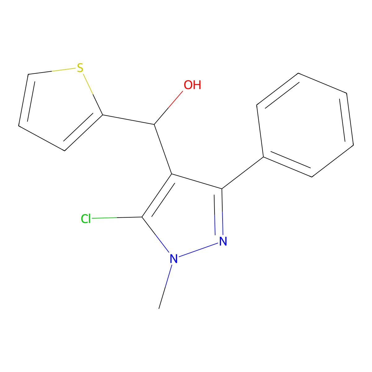 (5-chloro-1-methyl-3-phenyl-1H-pyrazol-4-yl)(2-thienyl)methanol molecular structure, CAS 29939-18-2