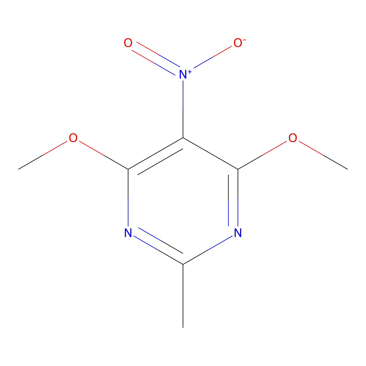 Pyrimidine, 4,6-dimethoxy-2-methyl-5-nitro- molecular structure, CAS 29939-34-2