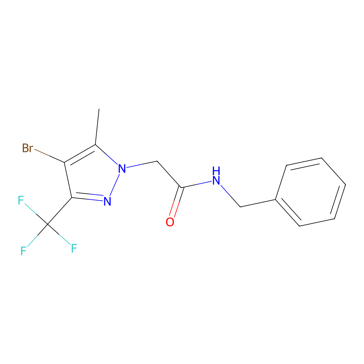 N-benzyl-2-[4-bromo-5-methyl-3-(trifluoromethyl)-1H-pyrazol-1-yl]acetamide molecular structure, CAS 299405-81-5