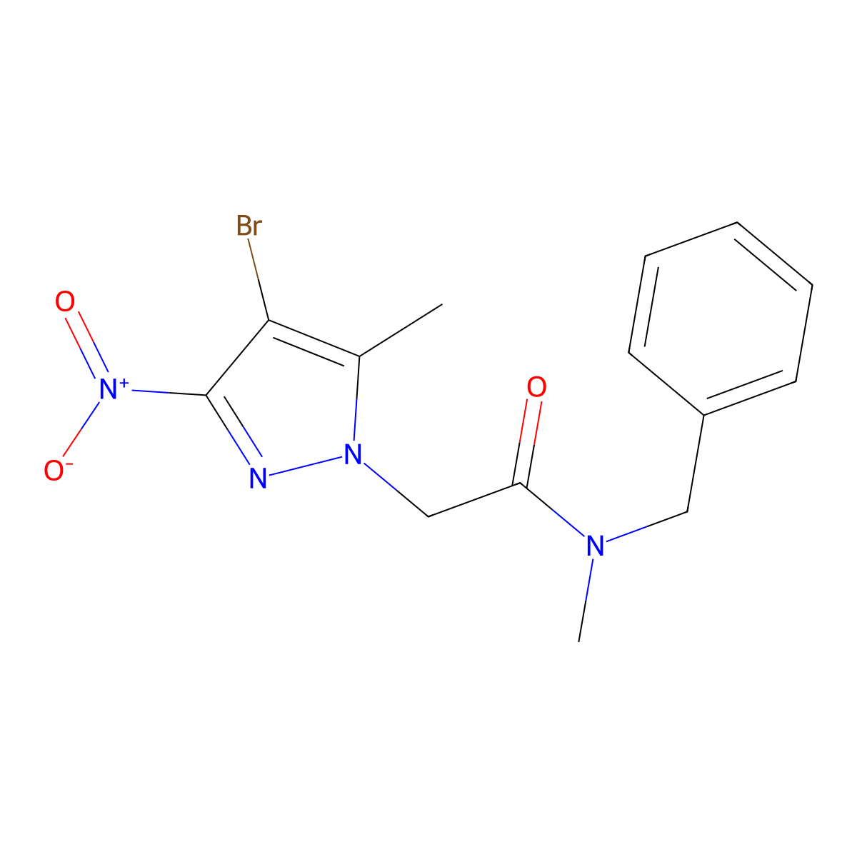 N-benzyl-2-(4-bromo-5-methyl-3-nitro-1H-pyrazol-1-yl)-N-methylacetamide molecular structure, CAS 299405-90-6