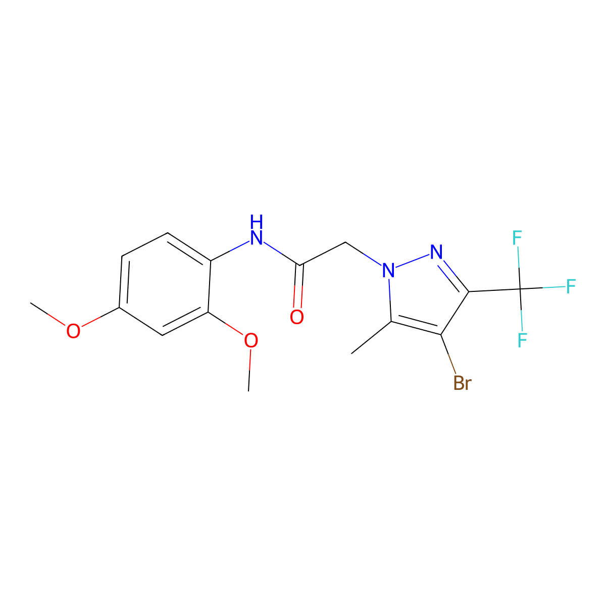 2-[4-bromo-5-methyl-3-(trifluoromethyl)-1H-pyrazol-1-yl]-N-(2,4-dimethoxyphenyl)acetamide molecular structure, CAS 299406-08-9