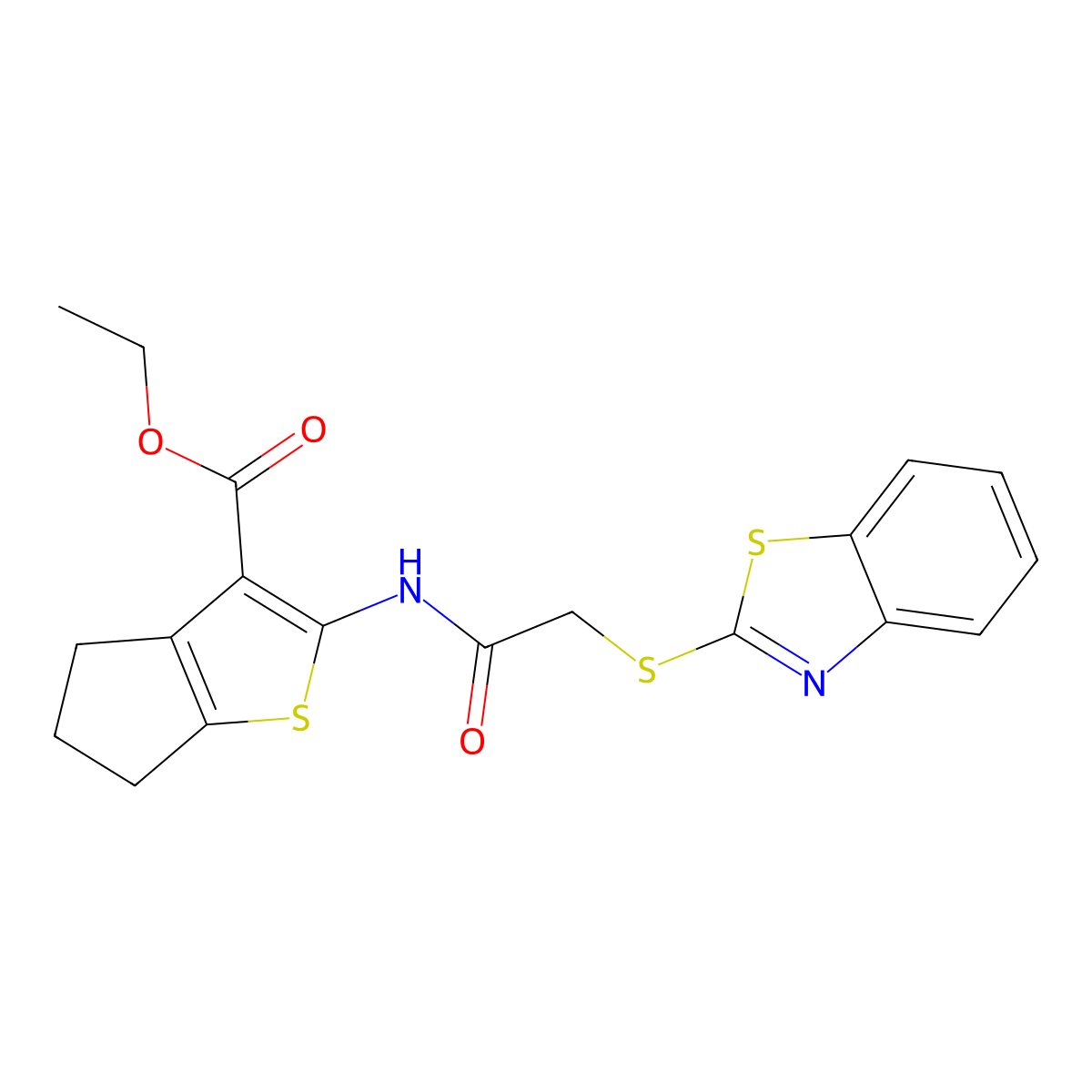 ethyl 2-{[(1,3-benzothiazol-2-ylsulfanyl)acetyl]amino}-5,6-dihydro-4H-cyclopenta[b]thiophene-3-carboxylate molecular structure, CAS 299406-13-6