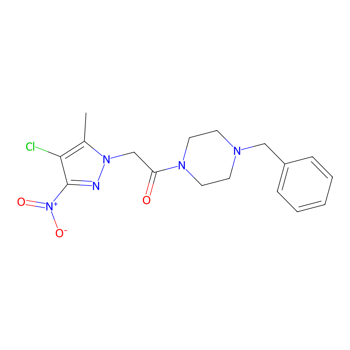 1-(4-Benzylpiperazin-1-yl)-2-(4-chloro-5-methyl-3-nitropyrazol-1-yl)ethanone molecular structure, CAS 299406-23-8