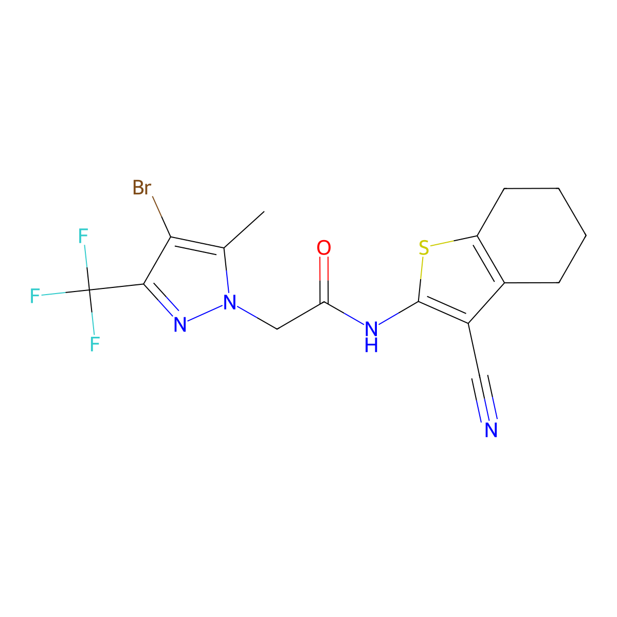 2-[4-bromo-5-methyl-3-(trifluoromethyl)pyrazol-1-yl]-N-(3-cyano-4,5,6,7-tetrahydro-1-benzothiophen-2-yl)acetamide molecular structure, CAS 299406-25-0